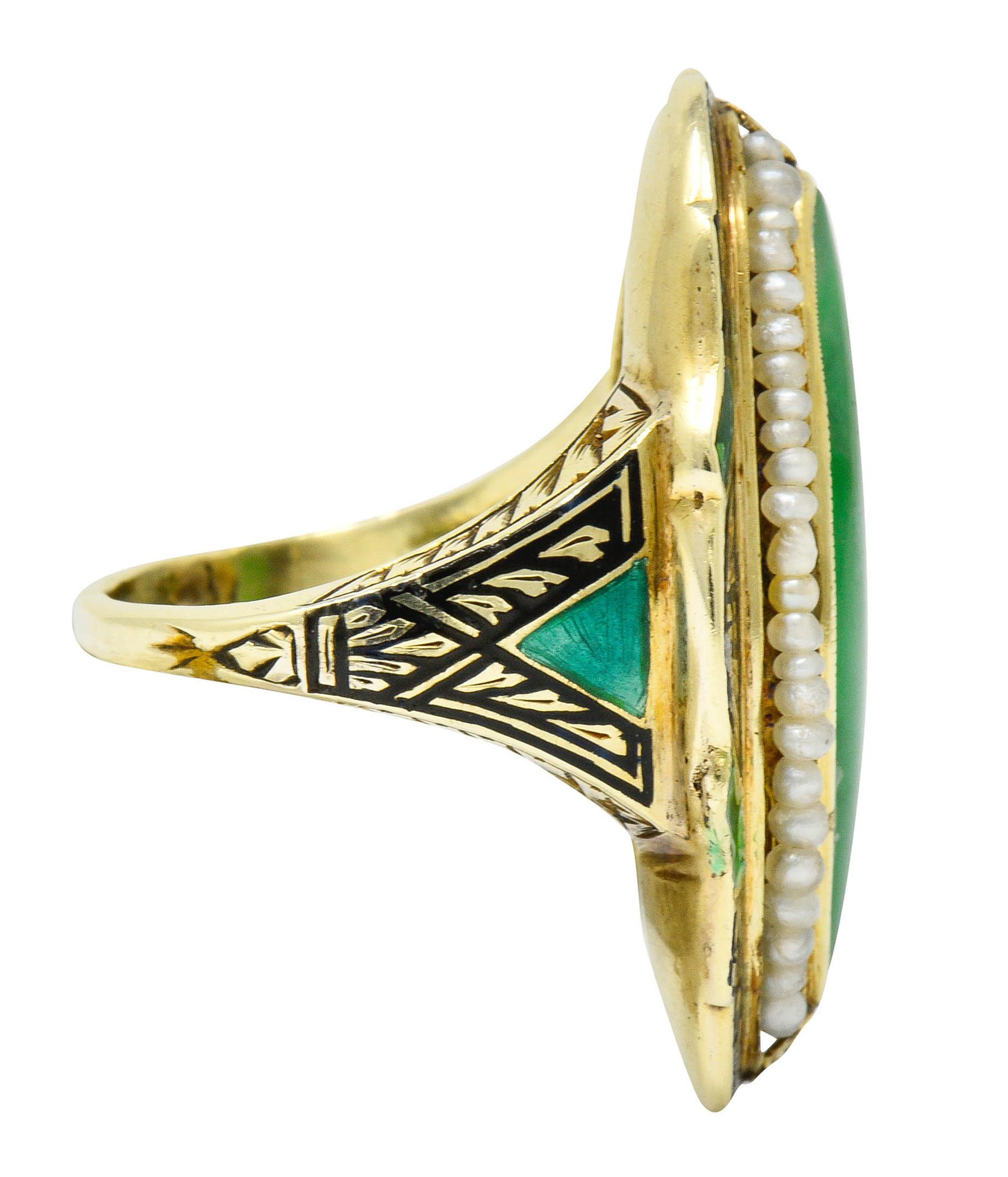Victorian Art Deco Jade Natural Freshwater Pearl Enamel 14 Karat Gold Navette Ring