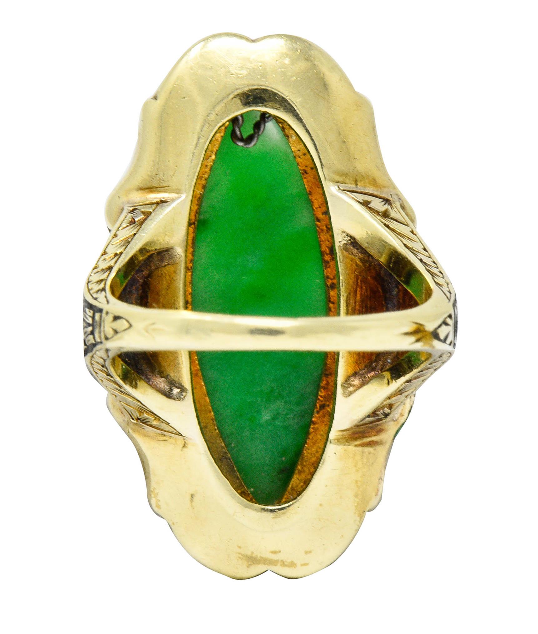 Cabochon Art Deco Jade Natural Freshwater Pearl Enamel 14 Karat Gold Navette Ring