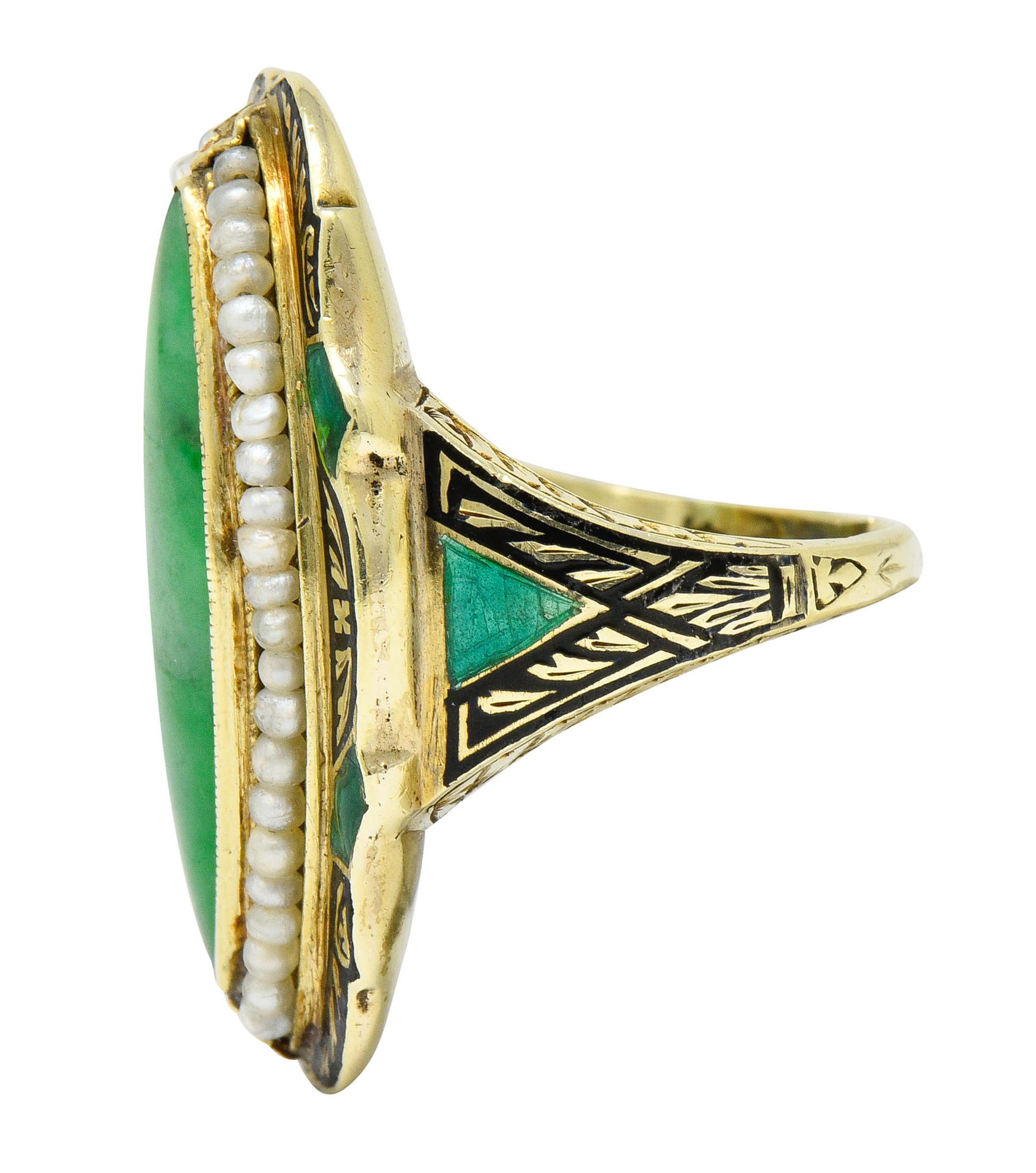Art Deco Jade Natural Freshwater Pearl Enamel 14 Karat Gold Navette Ring In Excellent Condition In Philadelphia, PA
