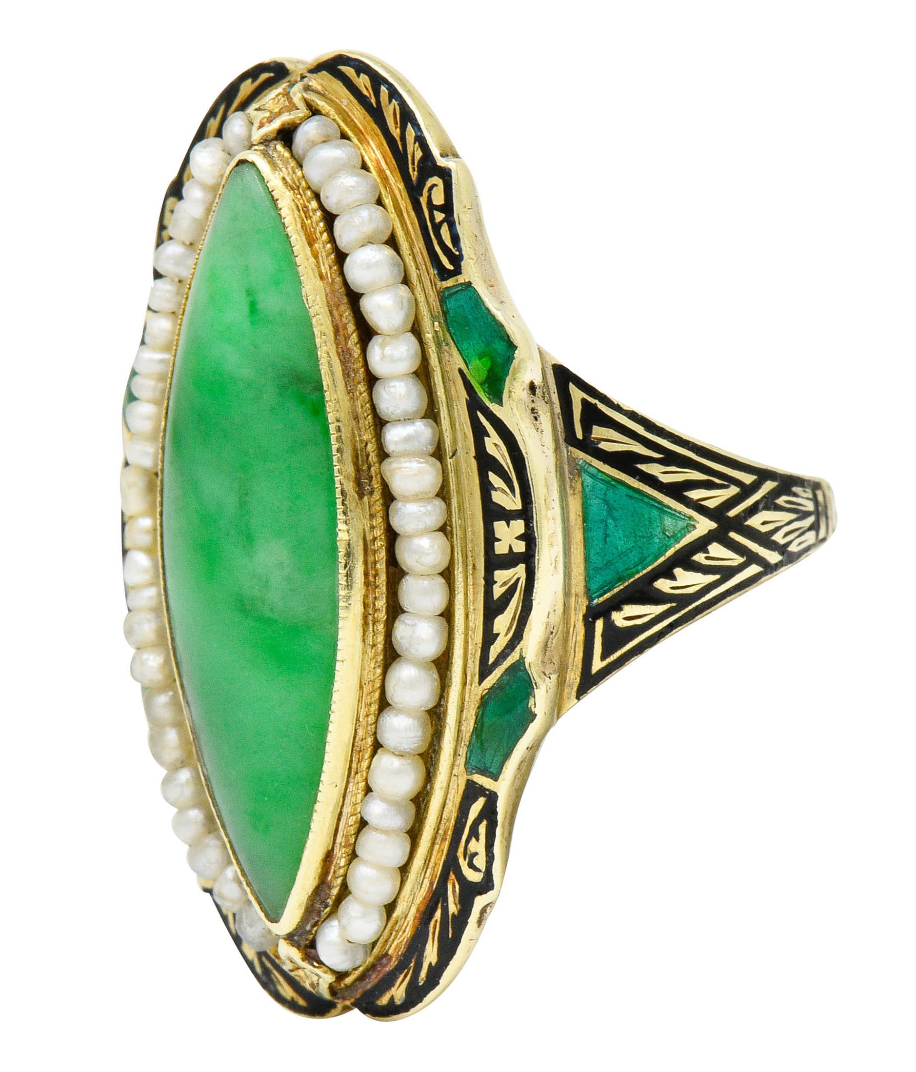 Women's or Men's Art Deco Jade Natural Freshwater Pearl Enamel 14 Karat Gold Navette Ring