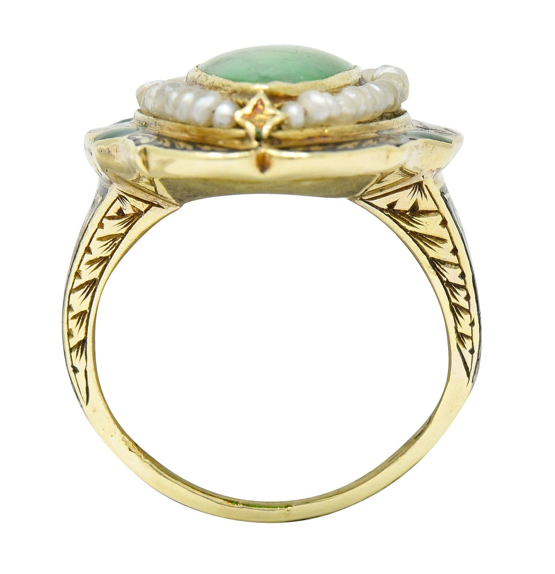 Art Deco Jade Natural Freshwater Pearl Enamel 14 Karat Gold Navette Ring 1