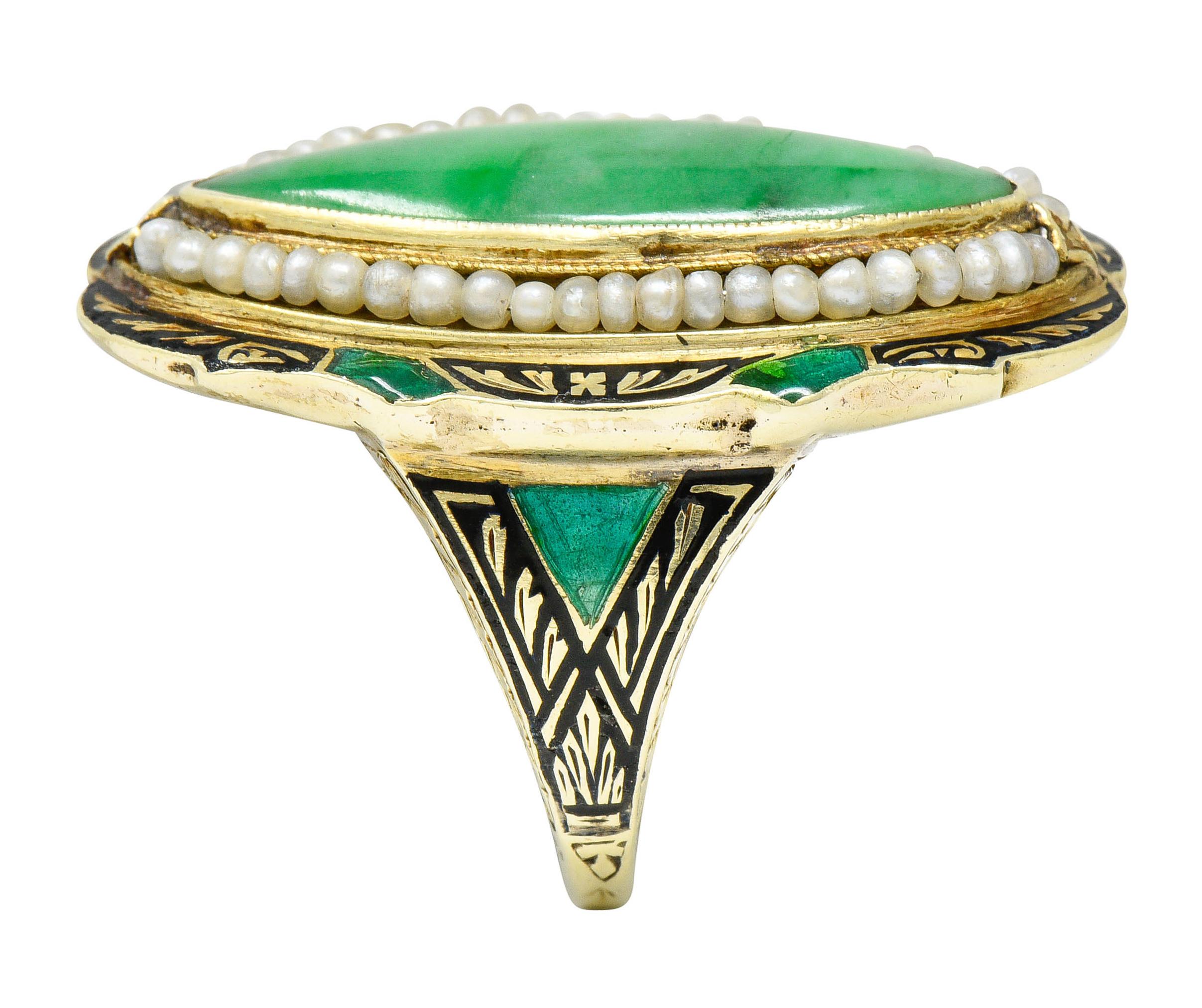 Art Deco Jade Natural Freshwater Pearl Enamel 14 Karat Gold Navette Ring 2