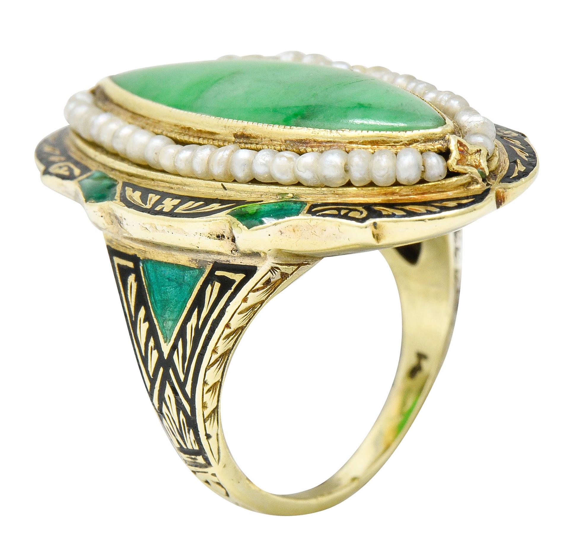 Art Deco Jade Natural Freshwater Pearl Enamel 14 Karat Gold Navette Ring 3