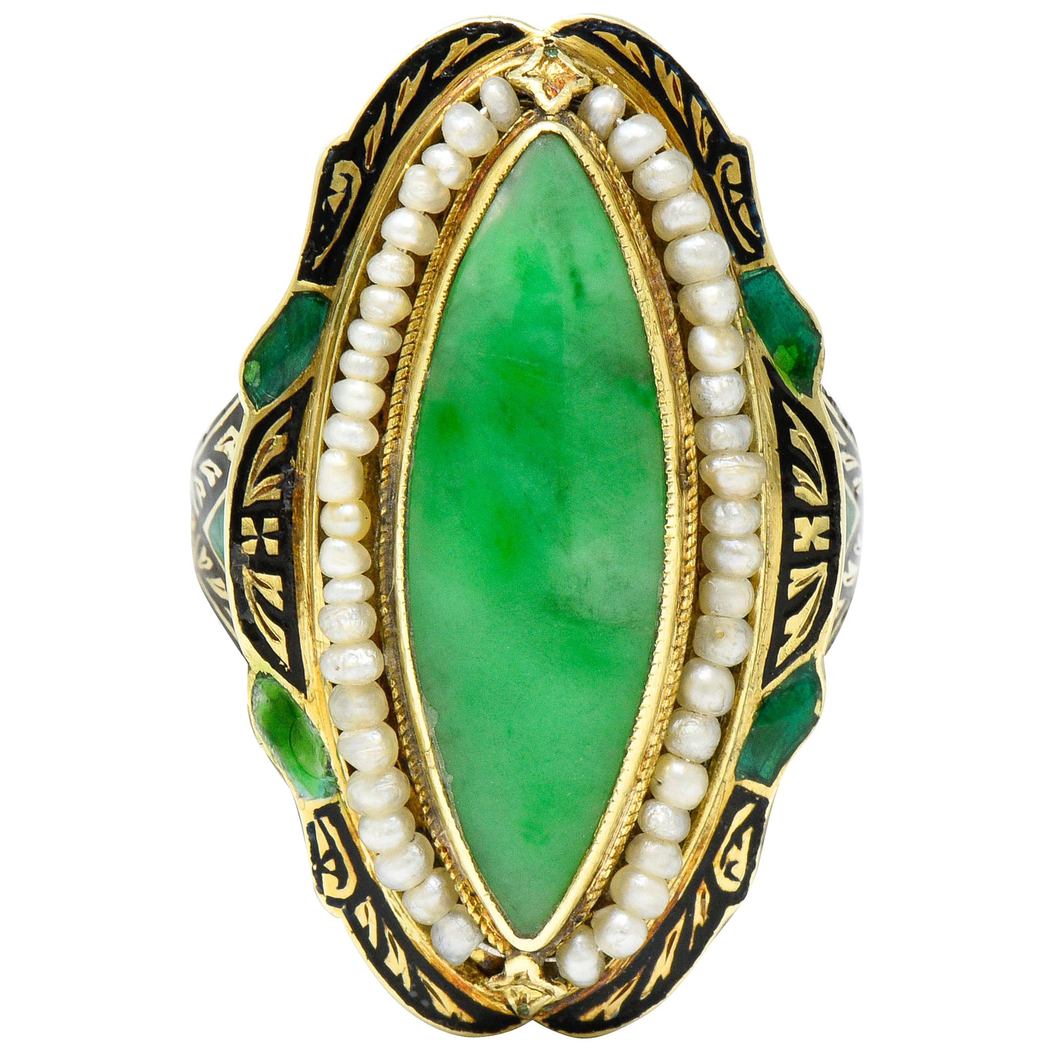 Art Deco Jade Natural Freshwater Pearl Enamel 14 Karat Gold Navette Ring
