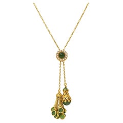 Victorian Jade Pearl 14 Karat Yellow Gold Antique Negligee Slide Necklace