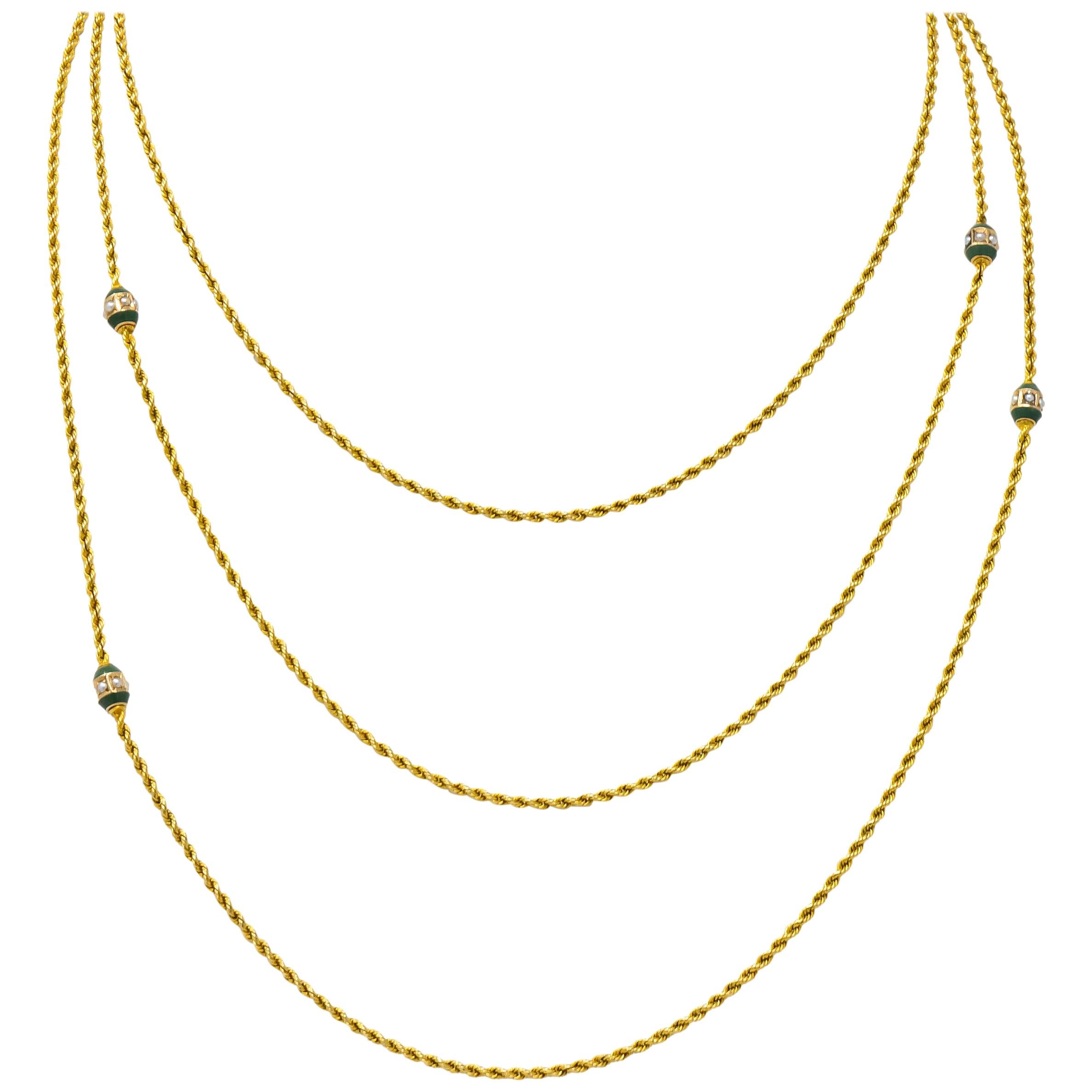 Victorian Jade Seed Pearl 14 Karat Gold 48 Inch Station Style Necklace