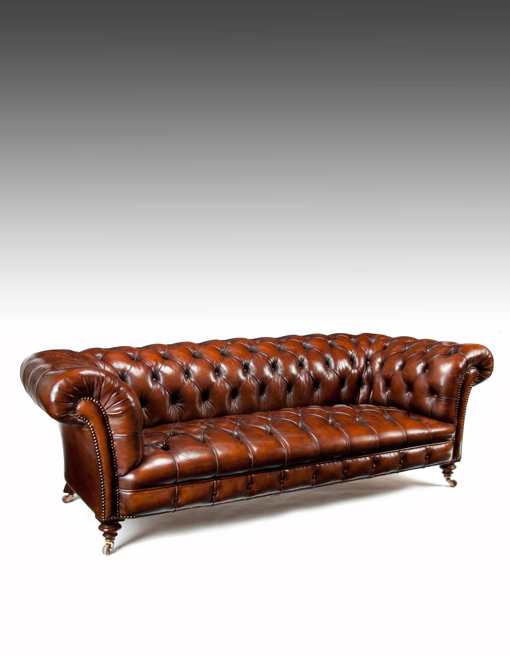 Turned Victorian James Jas Shoolbred Leather Walnut Chesterfield Fully Stamped