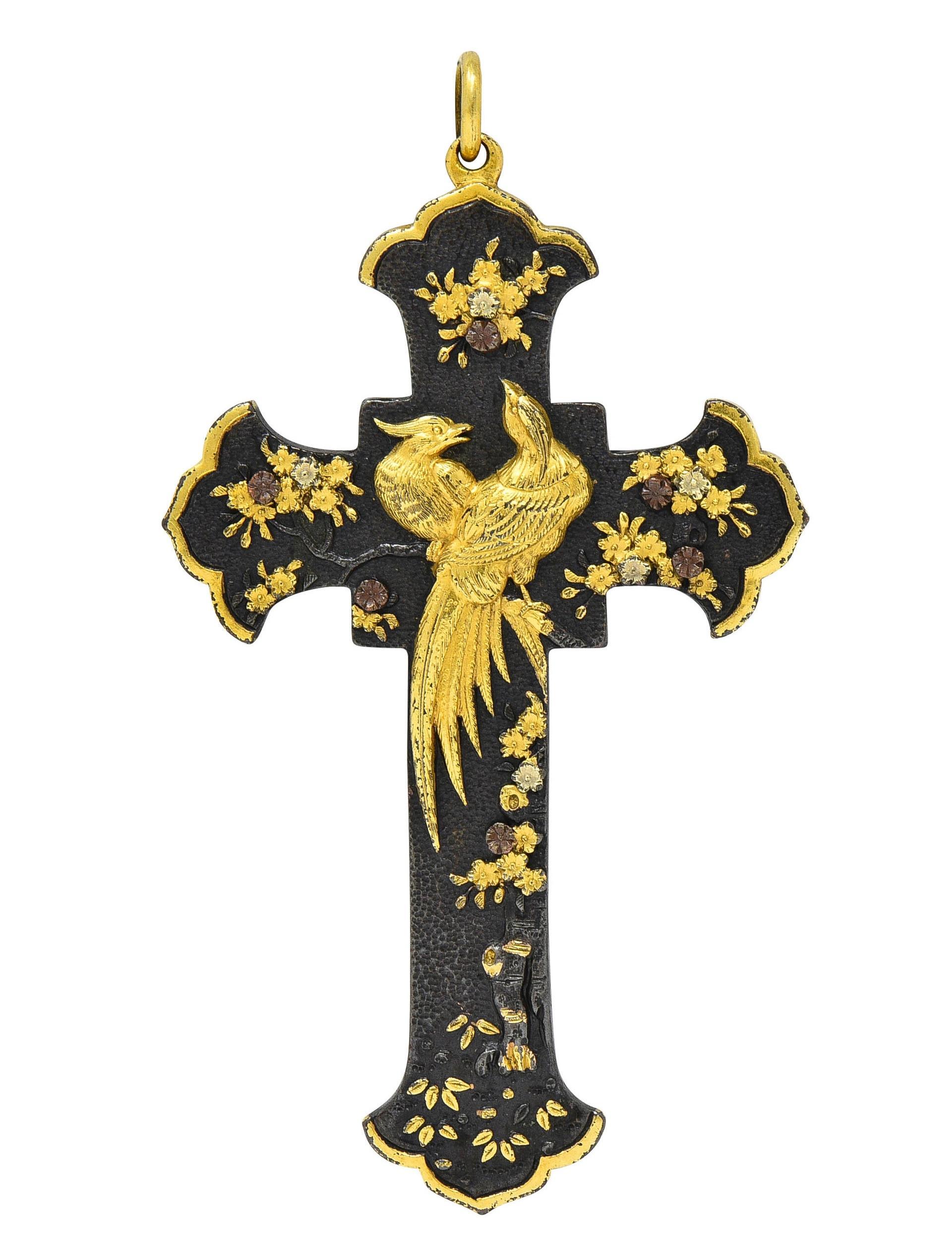 Victorian Japanese 10 Karat Yellow Gold Shakudo Floral Antique Cross Pendant 6