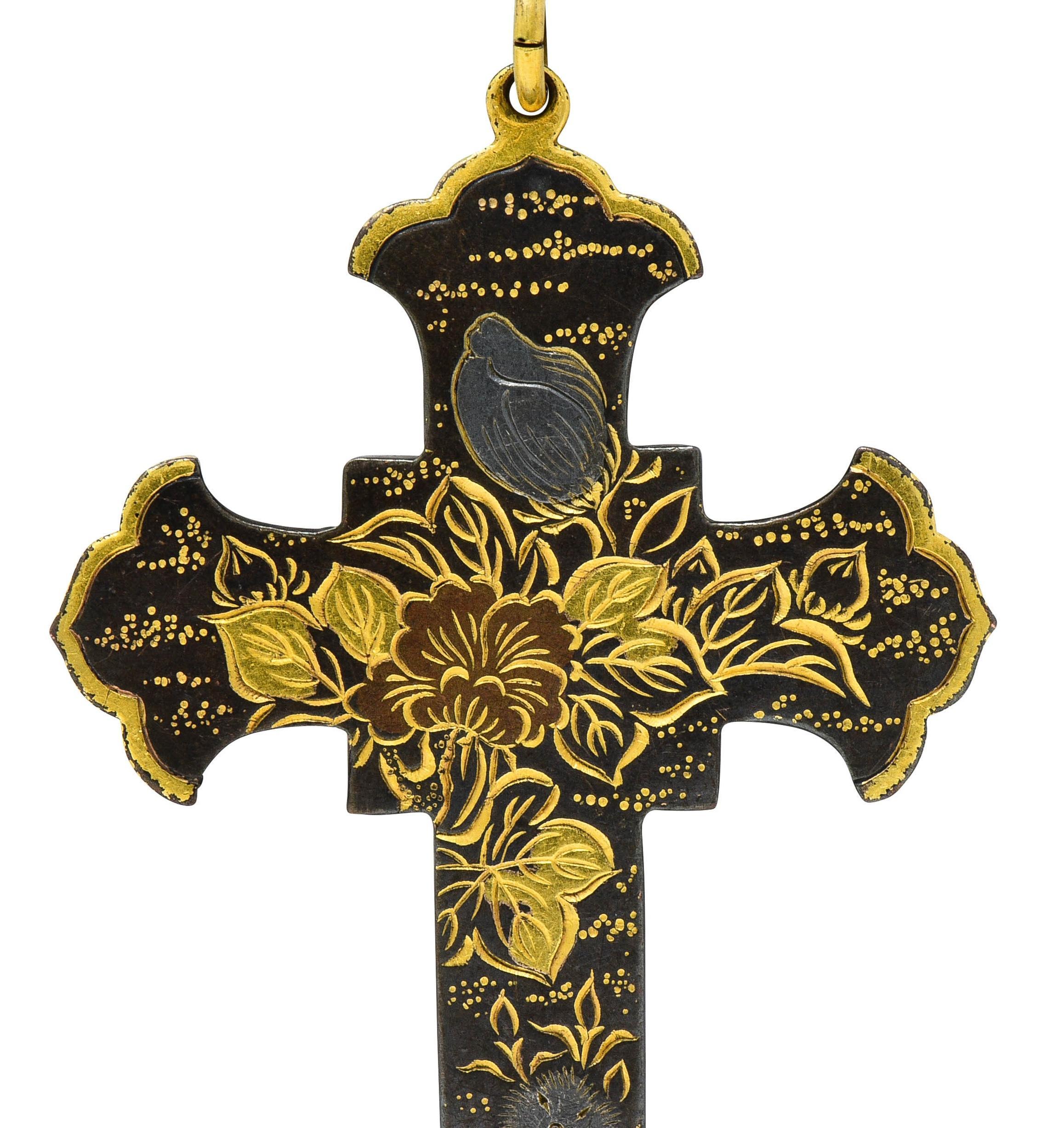 Victorian Japanese 10 Karat Yellow Gold Shakudo Floral Antique Cross Pendant 3