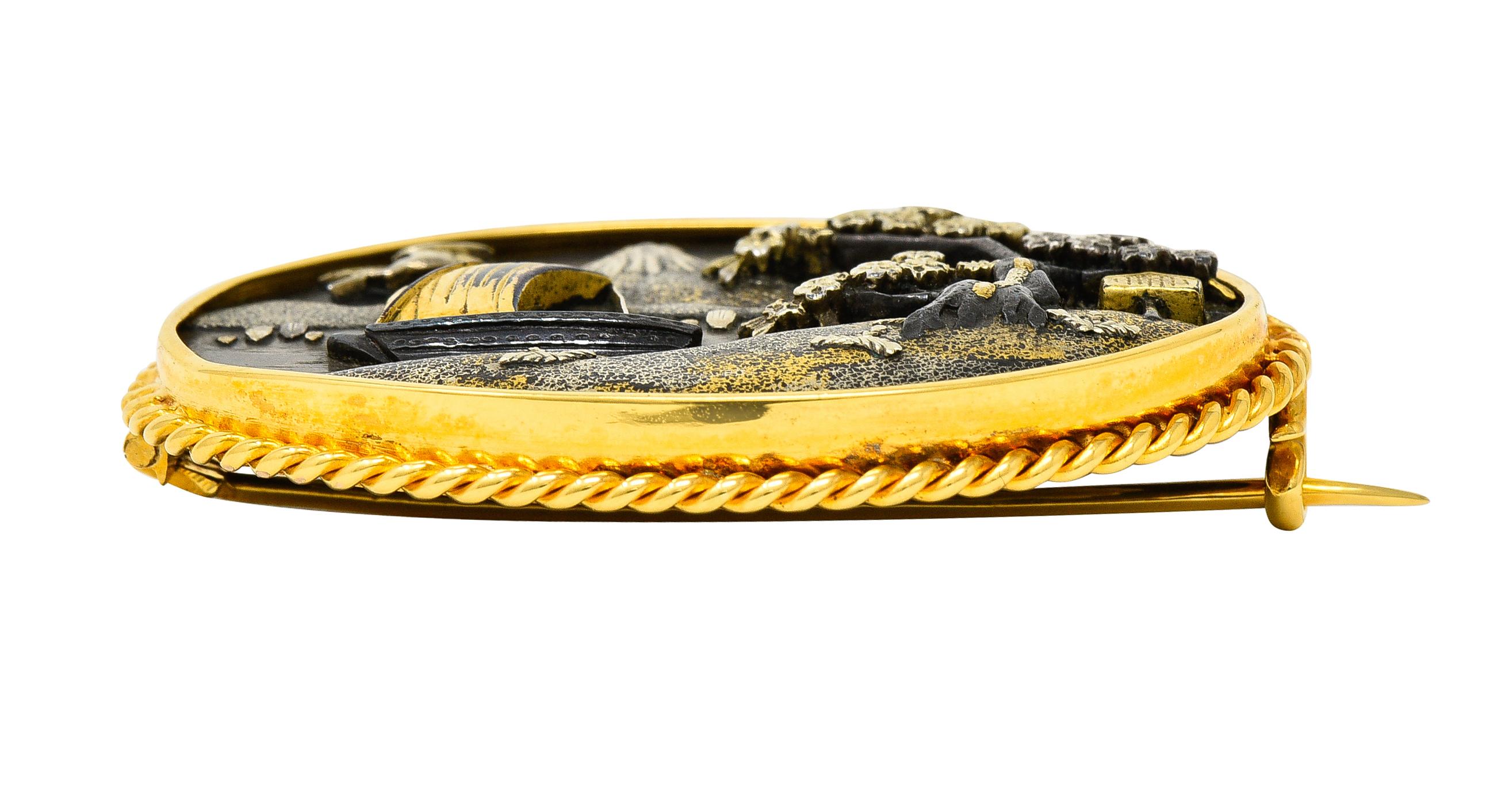 da uomo o donna Spilla antica giapponese vittoriana in oro 18 carati Shibuichi rame argento Shakudo