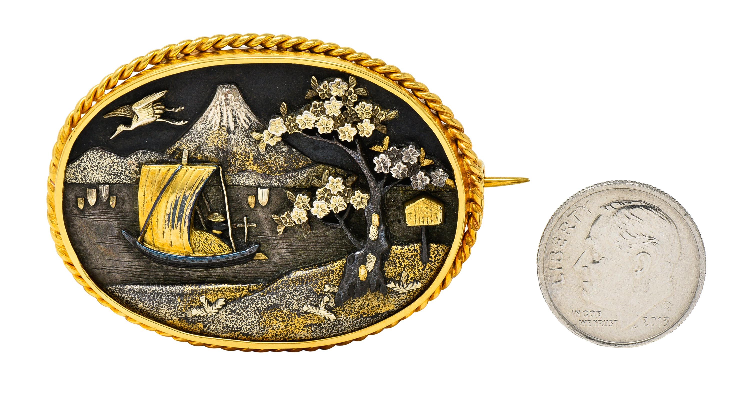 Victorian Japanese 18 Karat Gold Shibuichi Copper Silver Shakudo Antique Brooch 4