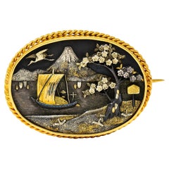Victorian Japanese 18 Karat Gold Shibuichi Copper Silver Shakudo Antique Brooch