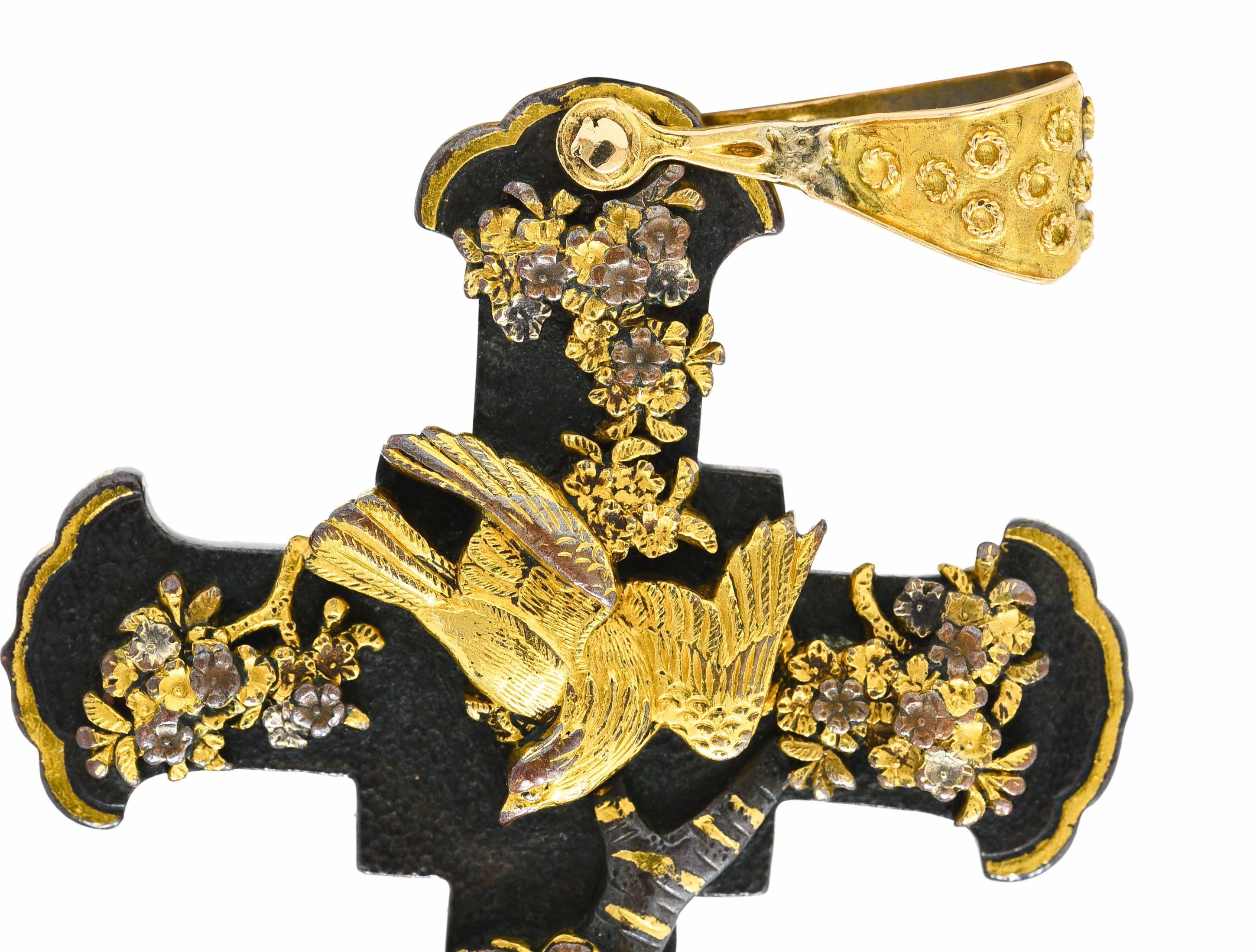 Victorian Japanese 18 Karat Gold Shibuichi Copper Silver Shakudo Cross Pendant 1