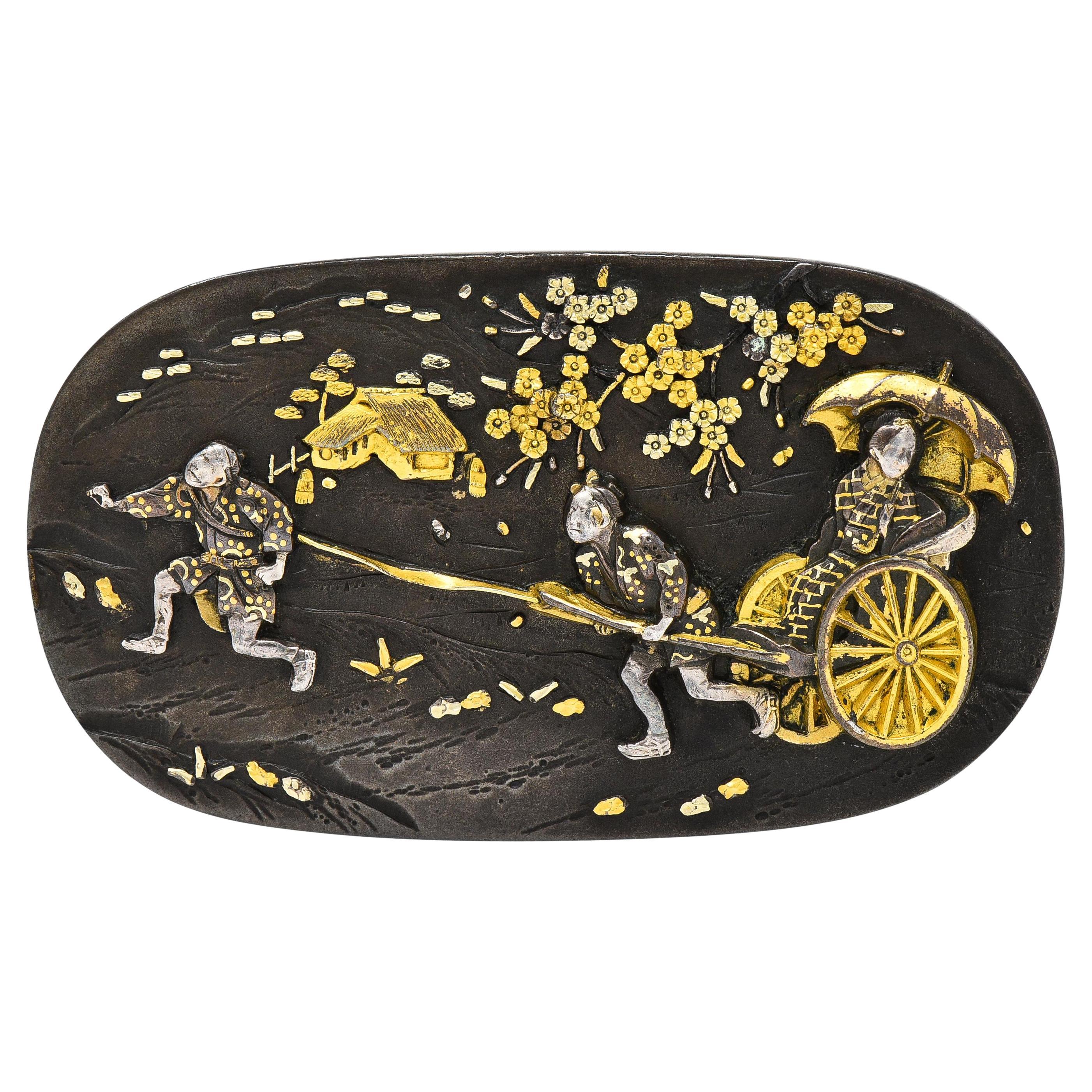 Broche ancienne Shakudo japonaise victorienne en or jaune 18 carats et argent