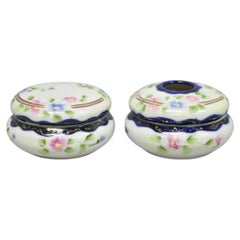 Victorian Japanese Hand Painted Porcelain Cobalt Blue Hair Receiver & Powder Jar