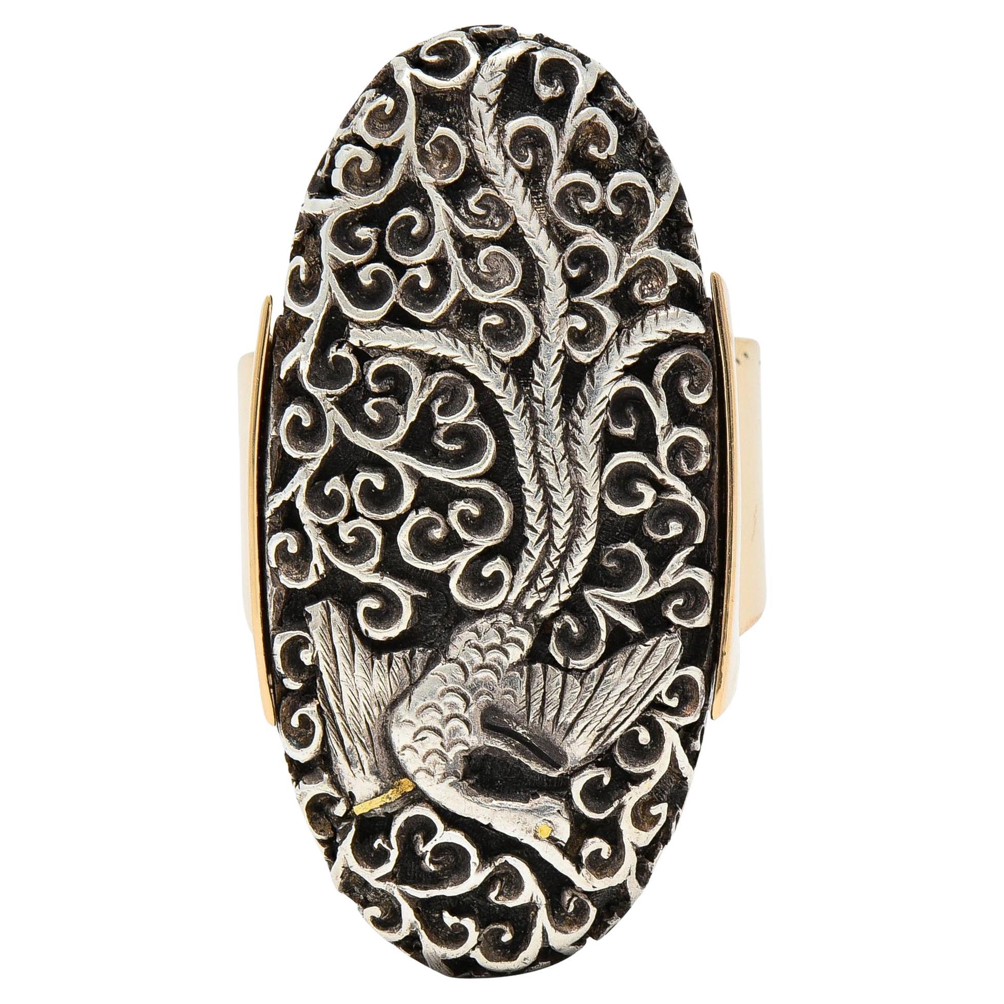 Anillo antiguo japonés victoriano Shakudo de oro amarillo de 14 quilates con corazón de pájaro
