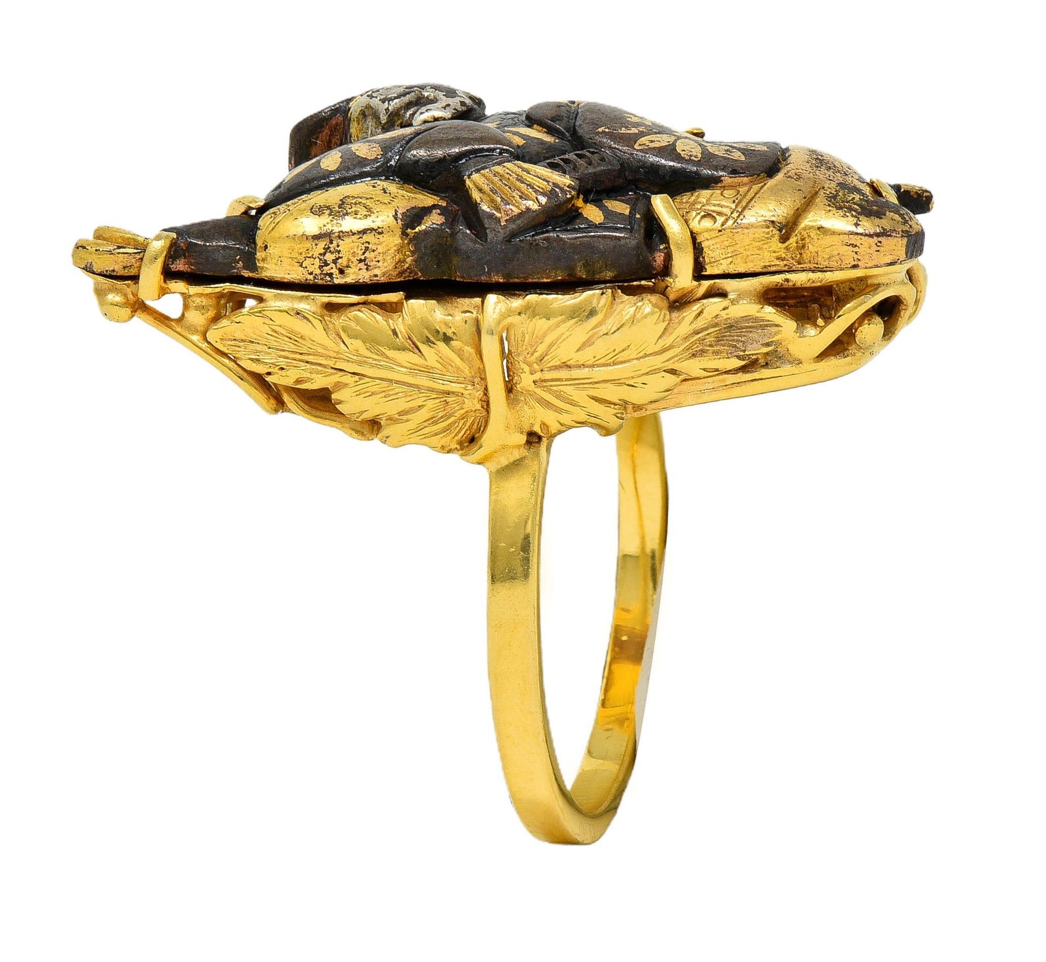 Victorian Japanese Shakudo 14 Karat Yellow Gold Lounging Man Antique Ring For Sale 6