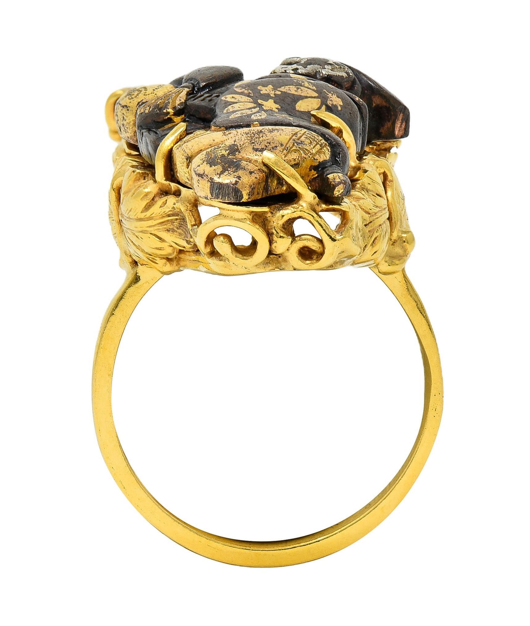 Victorian Japanese Shakudo 14 Karat Yellow Gold Lounging Man Antique Ring For Sale 7