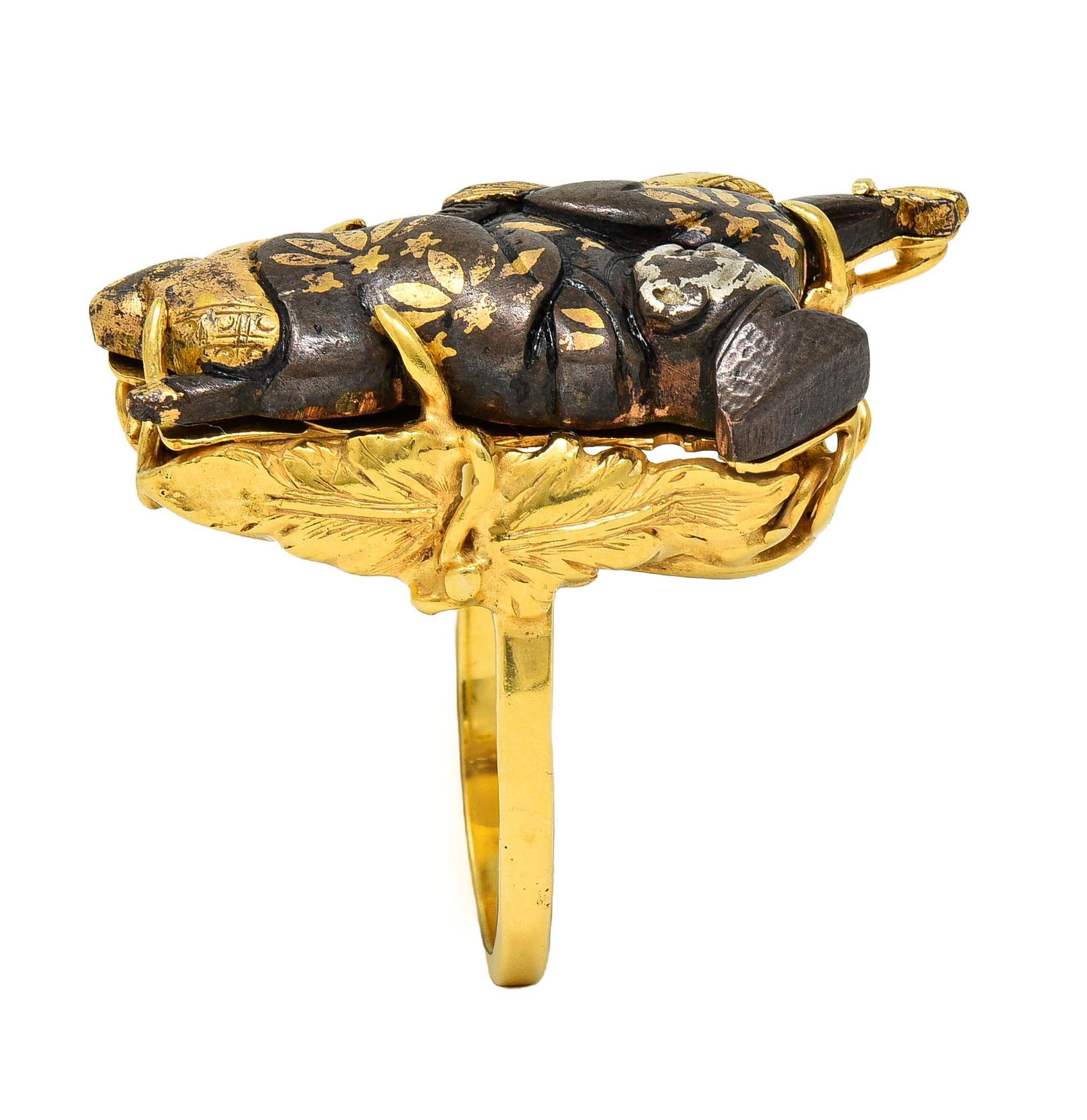 Victorian Japanese Shakudo 14 Karat Yellow Gold Lounging Man Antique Ring For Sale 8