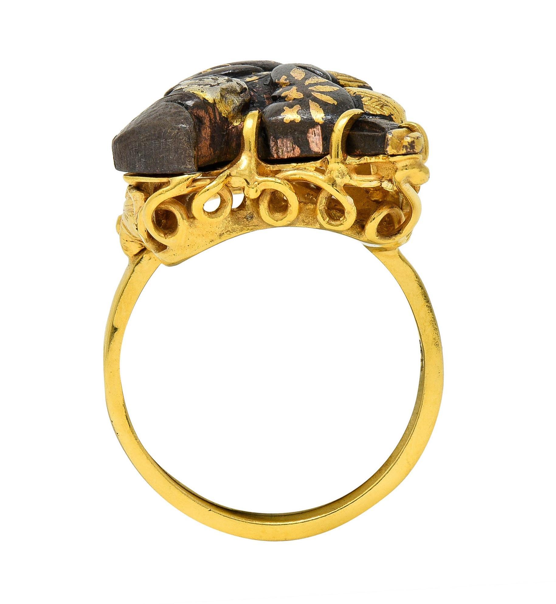 Victorian Japanese Shakudo 14 Karat Yellow Gold Lounging Man Antique Ring For Sale 9