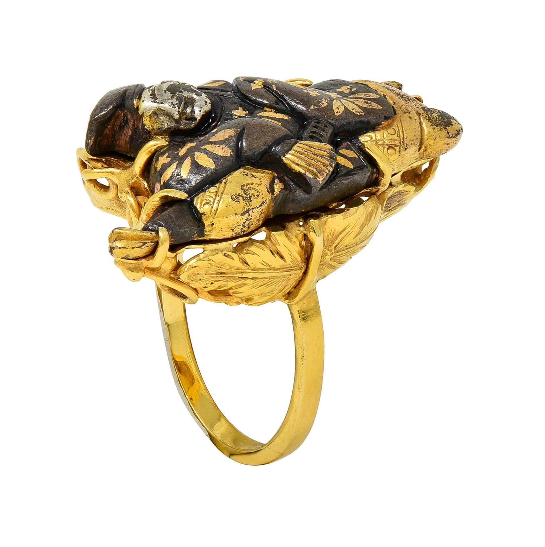 Victorian Japanese Shakudo 14 Karat Yellow Gold Lounging Man Antique Ring For Sale 10