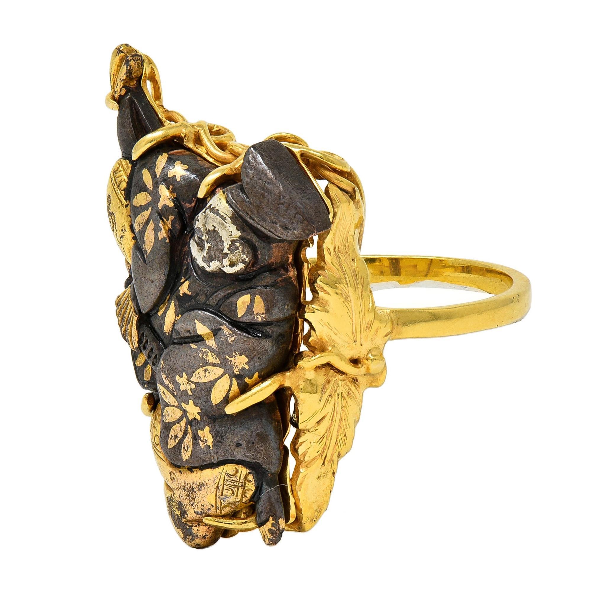 Victorian Japanese Shakudo 14 Karat Yellow Gold Lounging Man Antique Ring For Sale 2