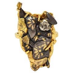 Antiker viktorianischer japanischer Shakudo-Ring aus 14 Karat Gelbgold mit tiefem Mann