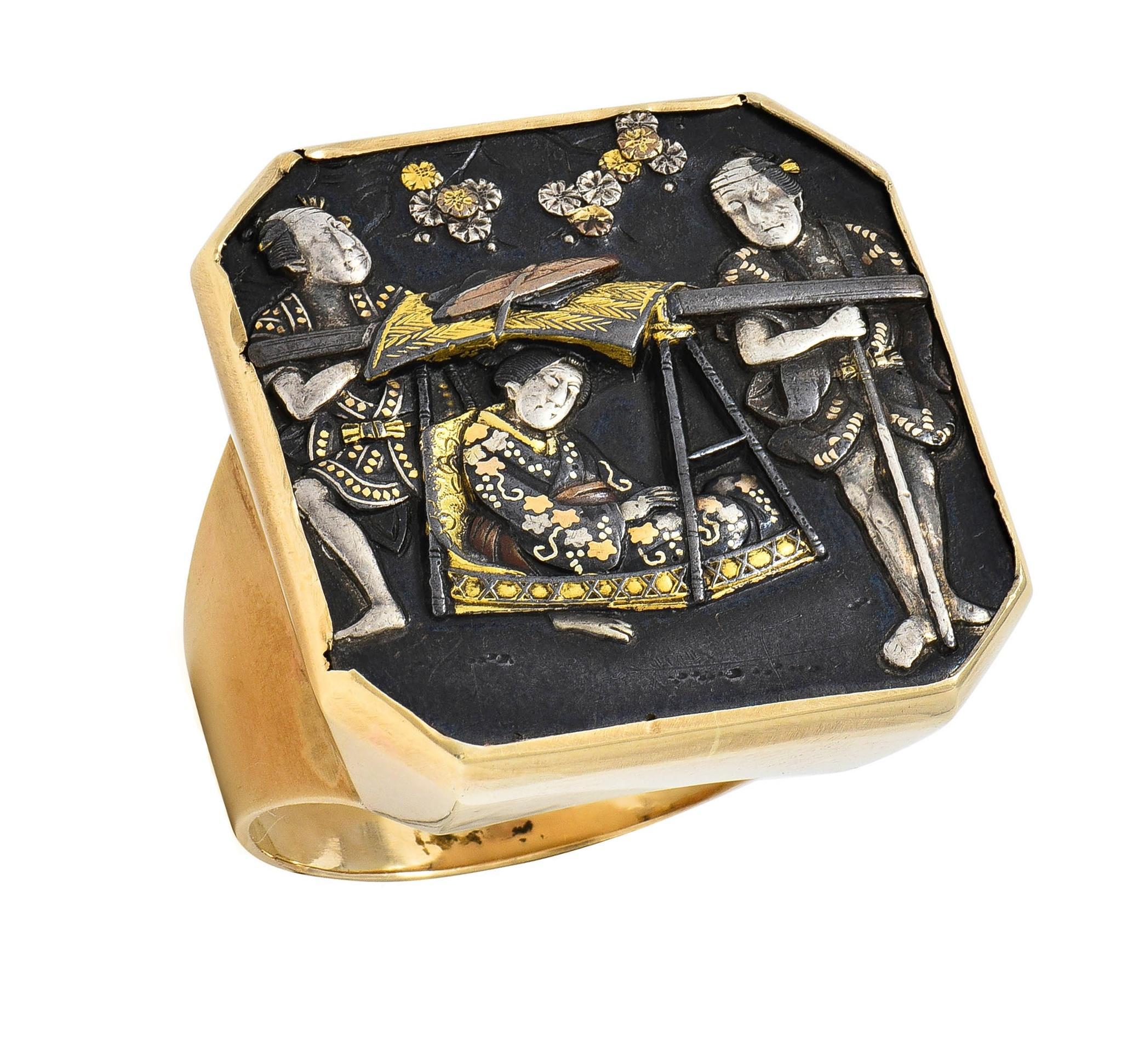 Victorian Japanese Shakudo 14 Karat Yellow Gold Travelers Antique Ring For Sale 8