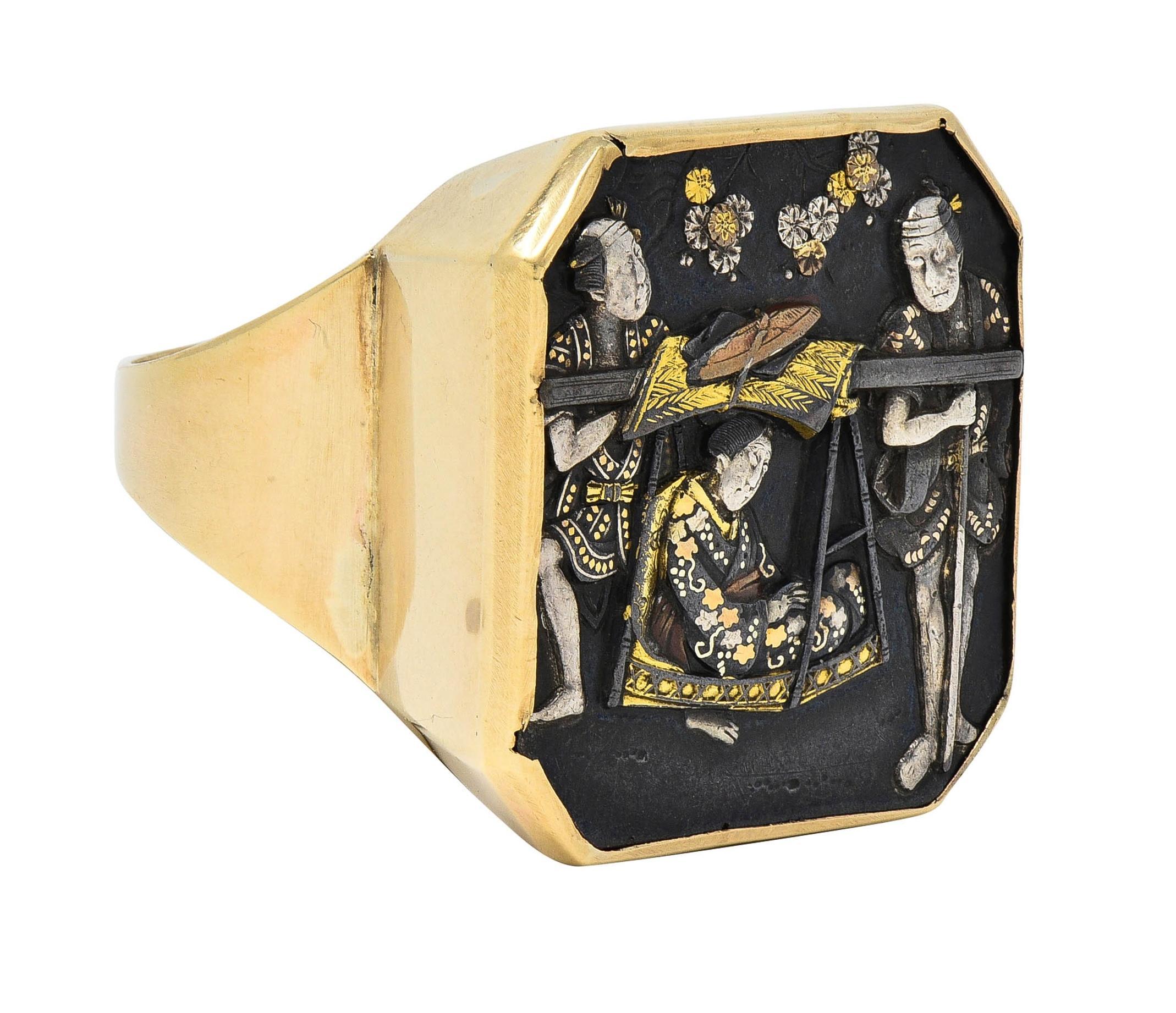 Centering an octagonal-shaped Shakudo tablet measuring 25.0 x 25.0 mm 
Depicting a woman in floral robes seated in a traveling chair carried by two uniformed men
Engraved with texture and detail - with floral branch
Comprised of oxidized copper,