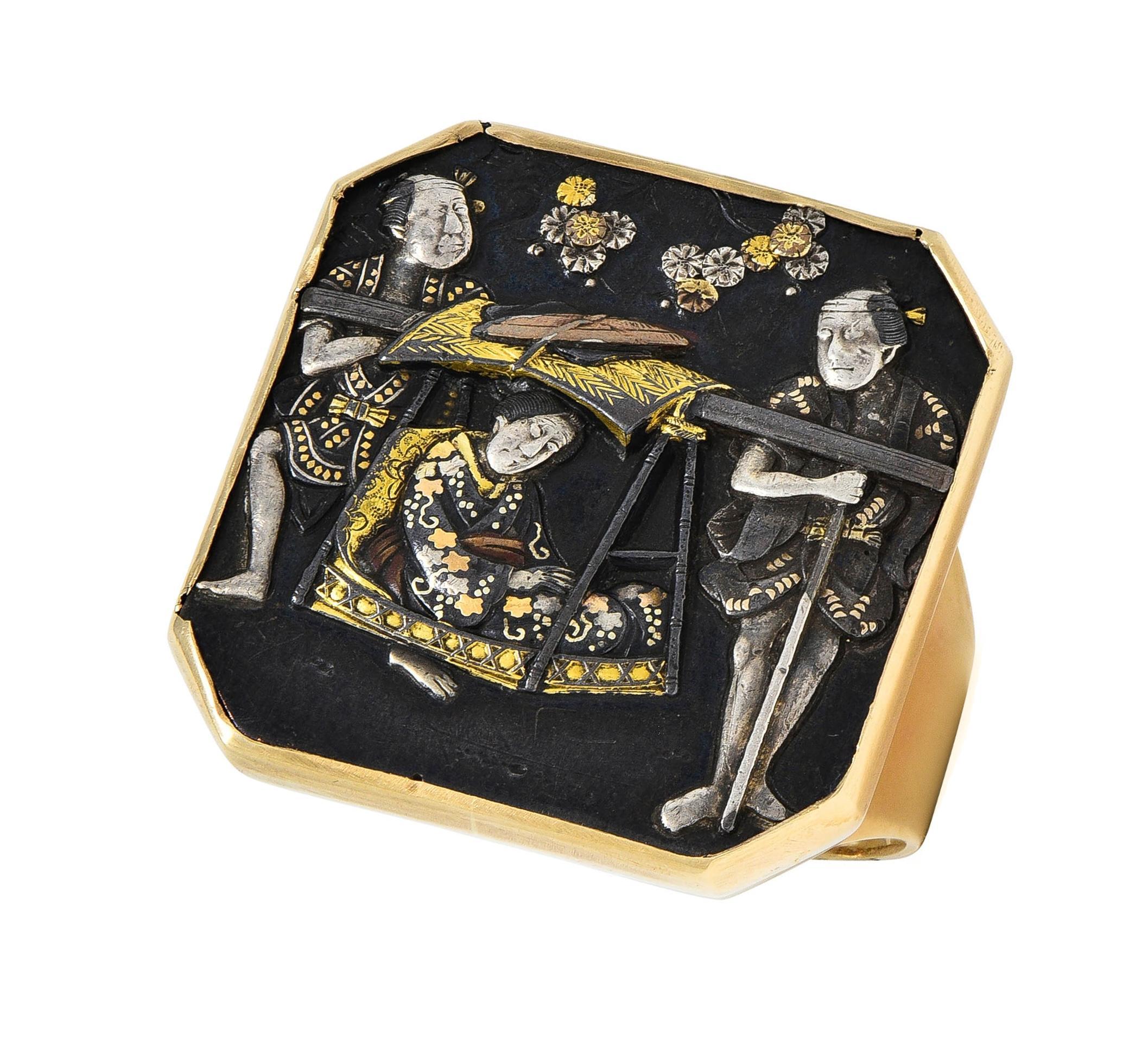 Victorian Japanese Shakudo 14 Karat Yellow Gold Travelers Antique Ring For Sale 5
