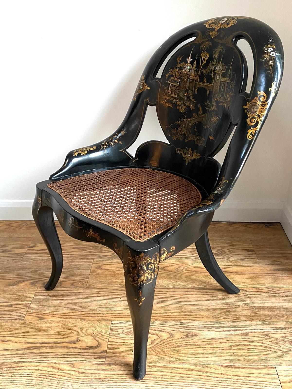English Victorian Japanned and Inlaid Papier Mâché Slipper Chair