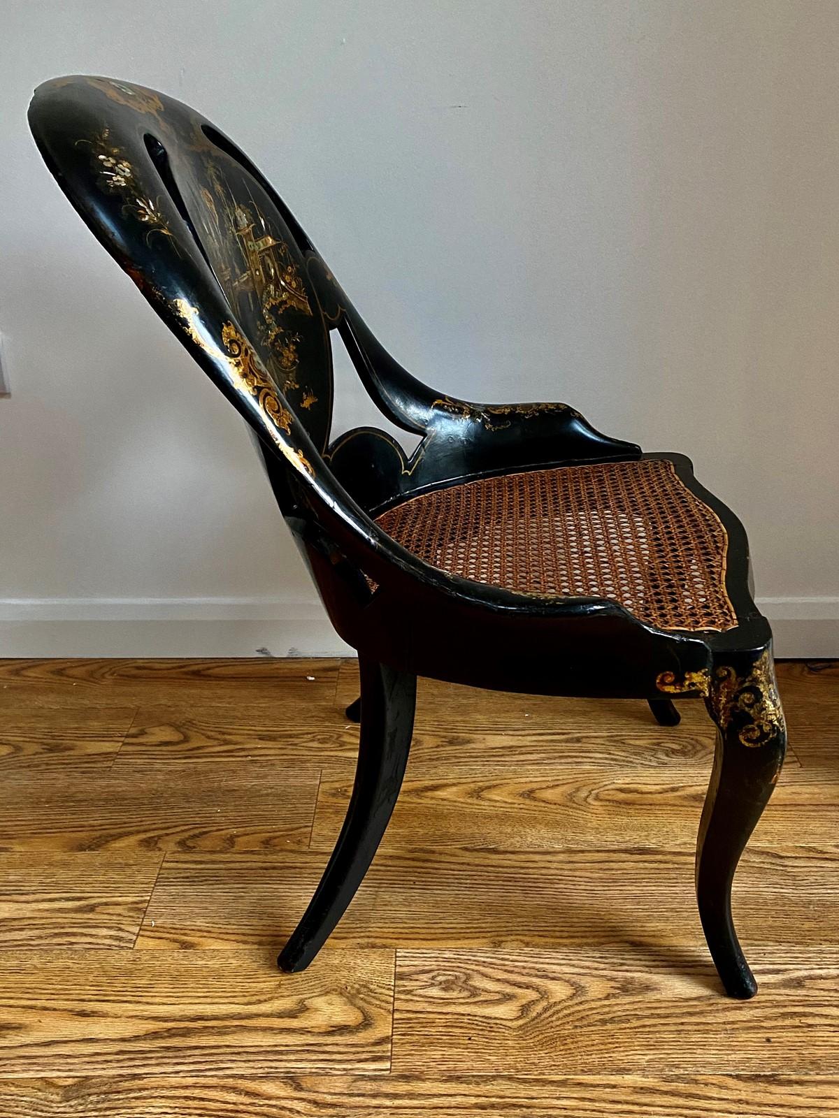 Victorian Japanned and Inlaid Papier Mâché Slipper Chair In Good Condition In Heathfield, East Sussex