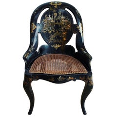 Antique Victorian Japanned and Inlaid Papier Mâché Slipper Chair