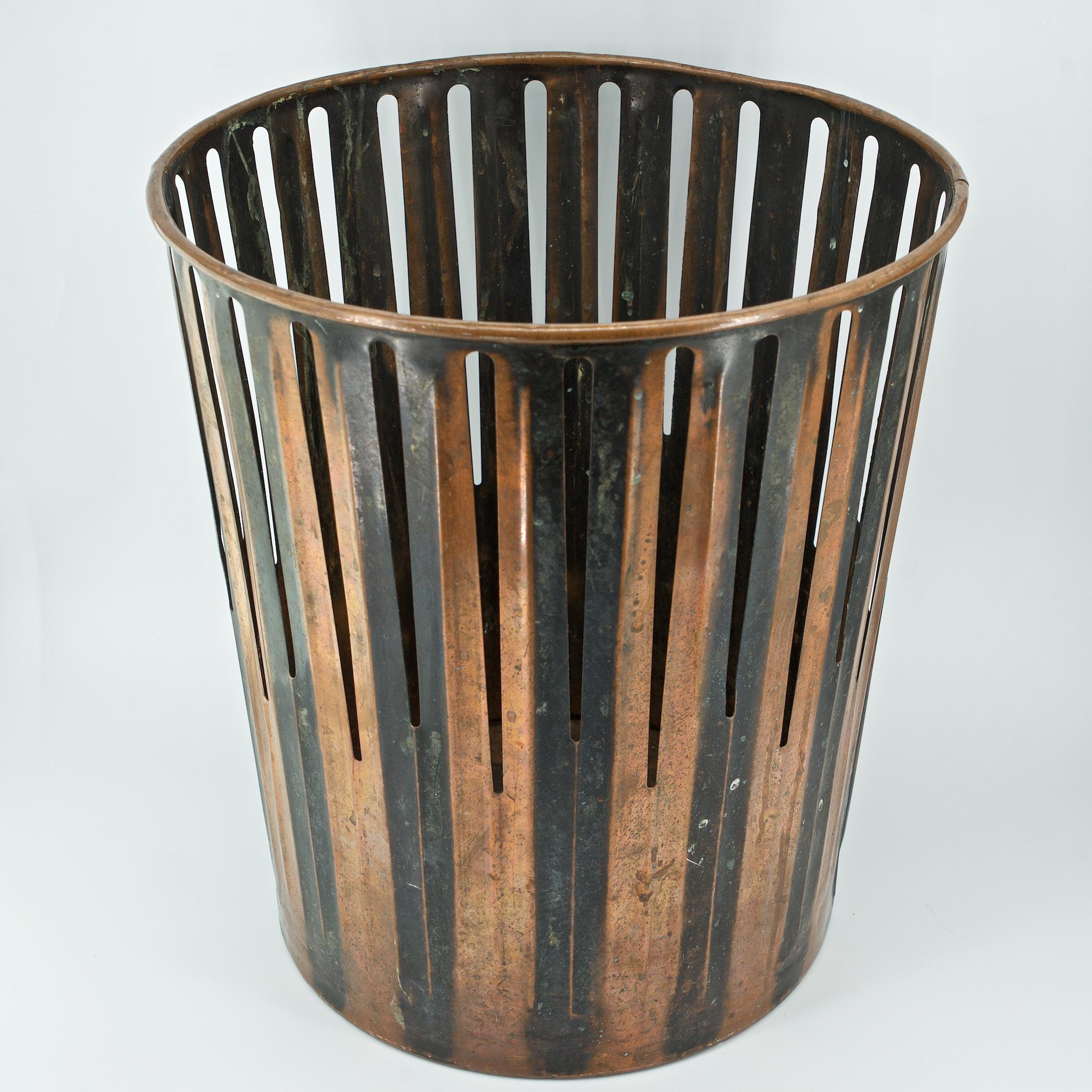 Quite extraordinary condition considering design use and age. Base metal is tin or thin steel with a still very bright flashed copper surface, with copper vertical stripes, and copper lip. One of the larger size being over 14 inches high, with no