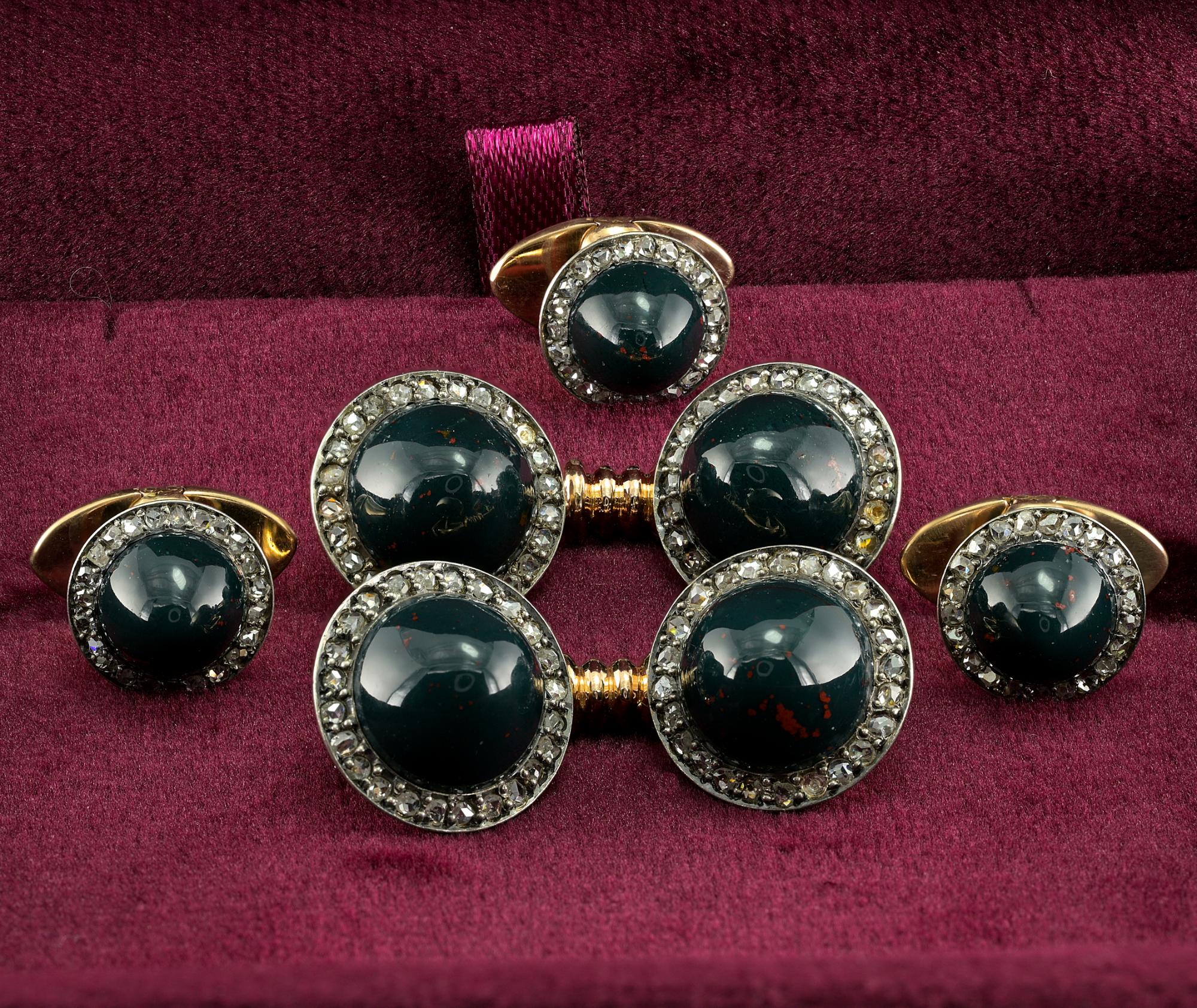 Antique Victorian era gent cufflink set, 1900 circa
Hand crafted during the time of solid 18 KT gold, Diamond set on silver over gold
Comprising cufflinks and three studs for a complete set
Beautifully made with natural Jasper and rose cut Diamonds