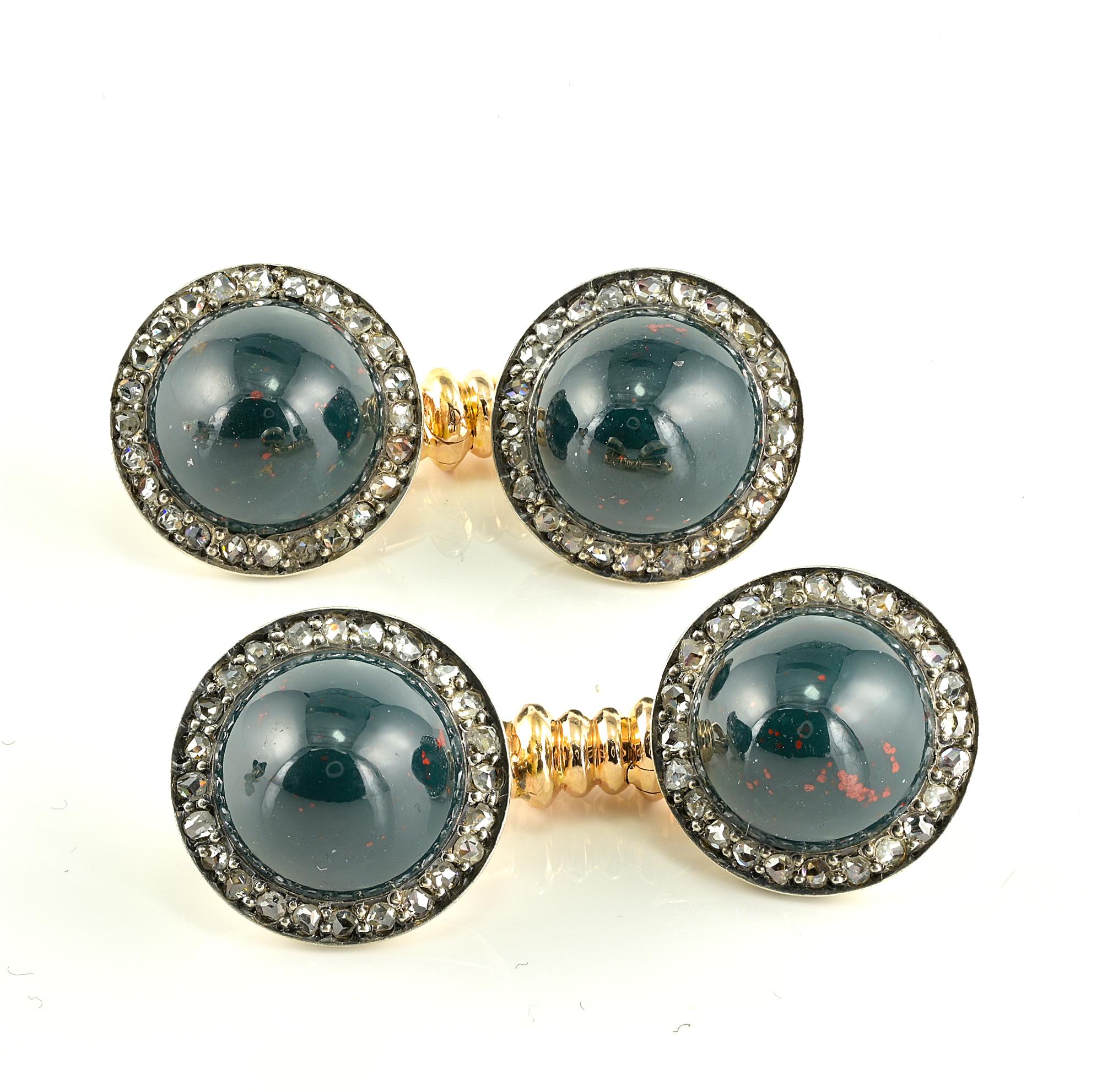 Victorian Jasper Rose Cut Diamond 18 KT Cufflinks Tuxedo Set For Sale 1