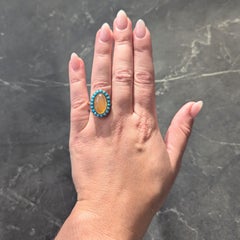 Bague Victorienne Jelly Fire Opal Turquoise 14 Karat Yellow Gold Antique Halo Ring