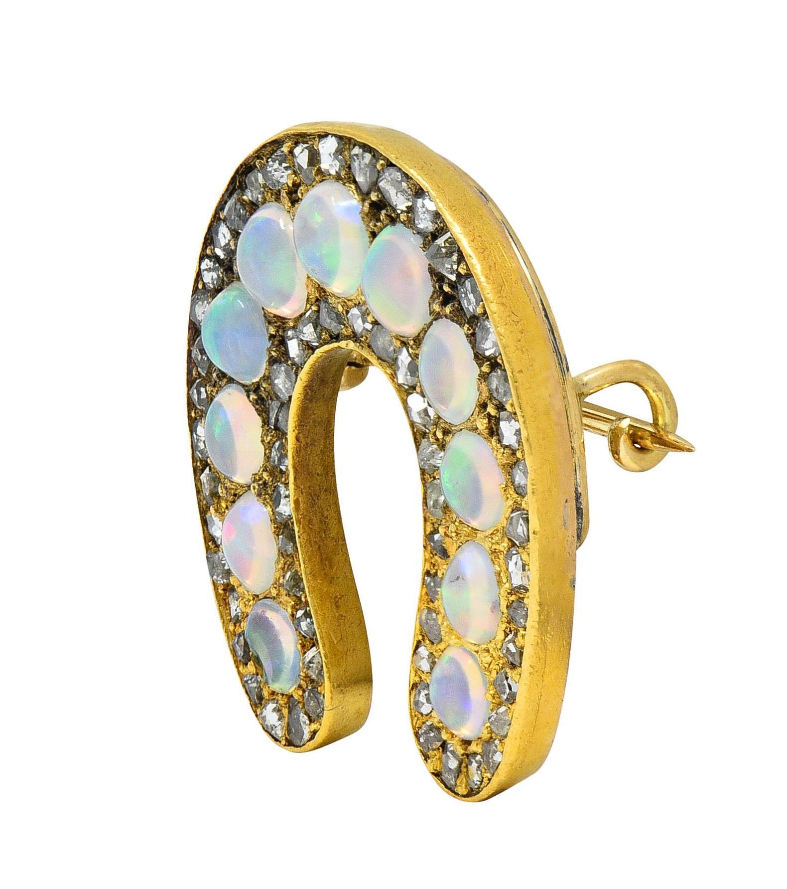 Victorian Jelly Opal Diamond 18 Karat Yellow Gold Antique Horseshoe Brooch In Excellent Condition For Sale In Philadelphia, PA