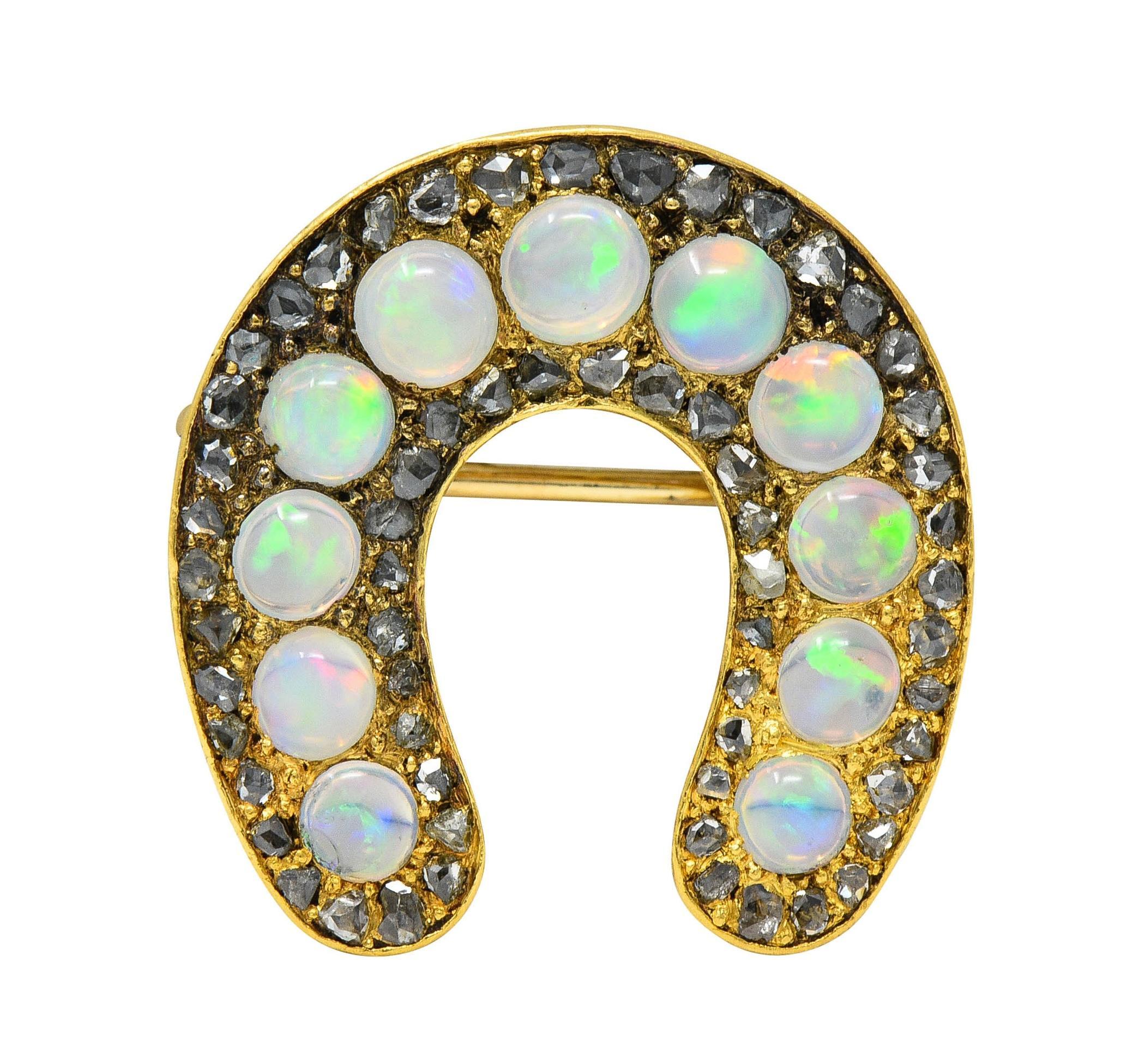Women's or Men's Victorian Jelly Opal Diamond 18 Karat Yellow Gold Antique Horseshoe Brooch For Sale