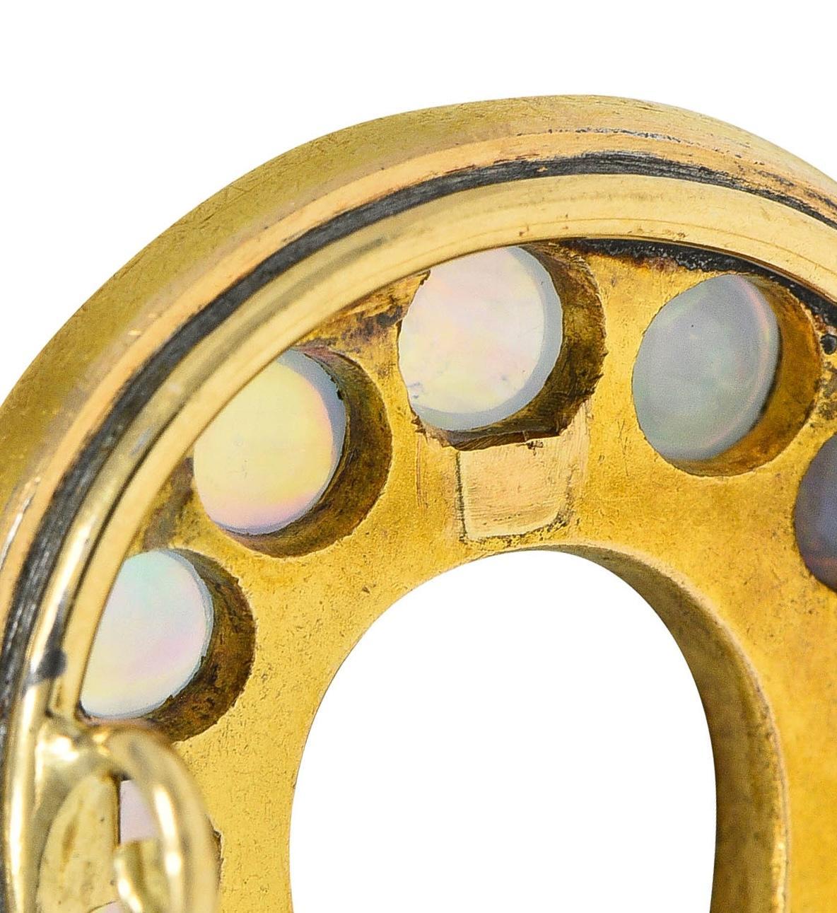 Victorian Jelly Opal Diamond 18 Karat Yellow Gold Antique Horseshoe Brooch For Sale 2