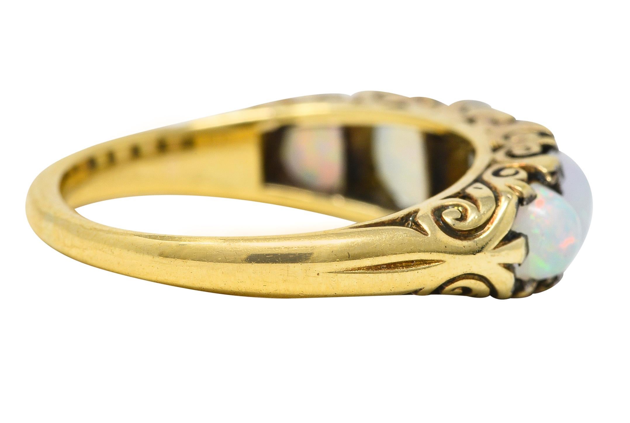 Round Cut Victorian Jelly Opal Diamond 18 Karat Yellow Gold Five Stone Antique Ring