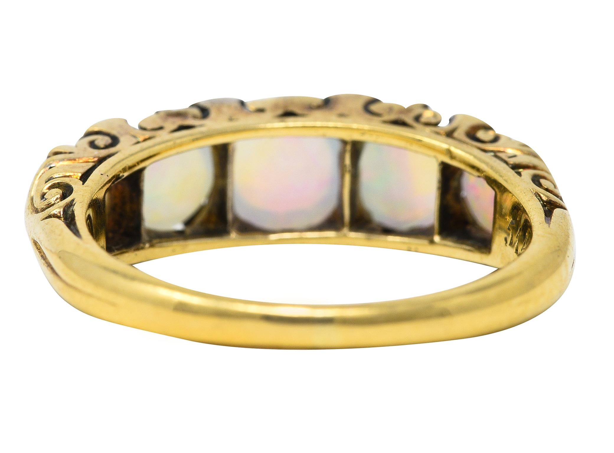 Victorian Jelly Opal Diamond 18 Karat Yellow Gold Five Stone Antique Ring In Excellent Condition In Philadelphia, PA
