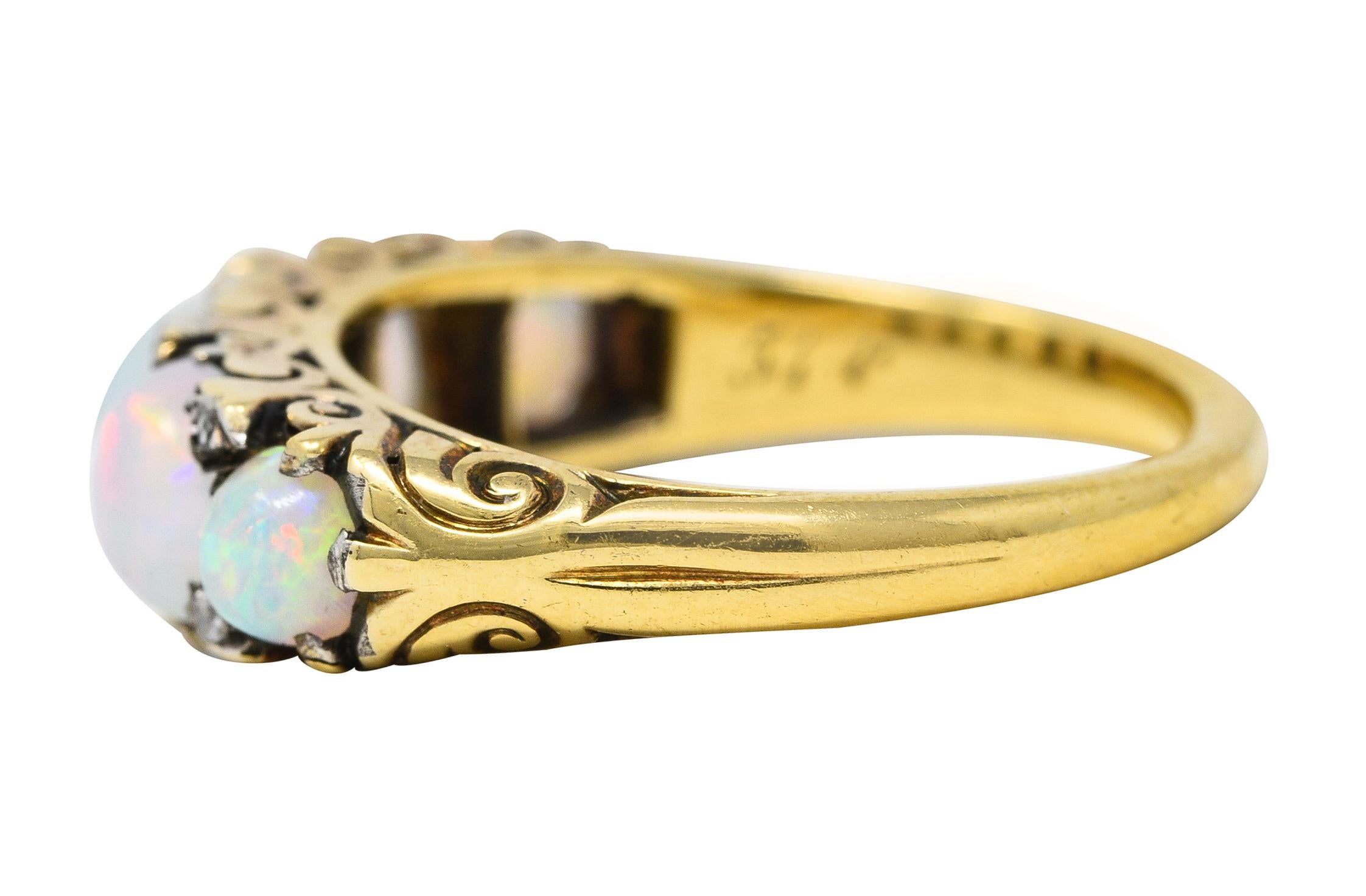 Women's or Men's Victorian Jelly Opal Diamond 18 Karat Yellow Gold Five Stone Antique Ring
