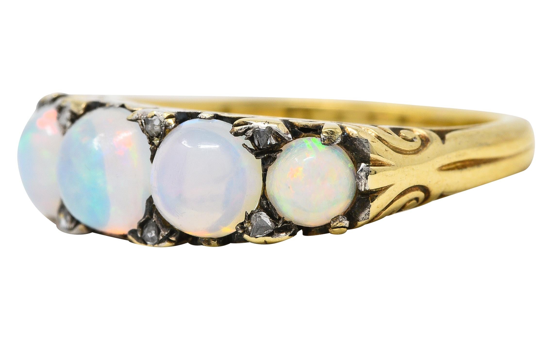 Victorian Jelly Opal Diamond 18 Karat Yellow Gold Five Stone Antique Ring 1
