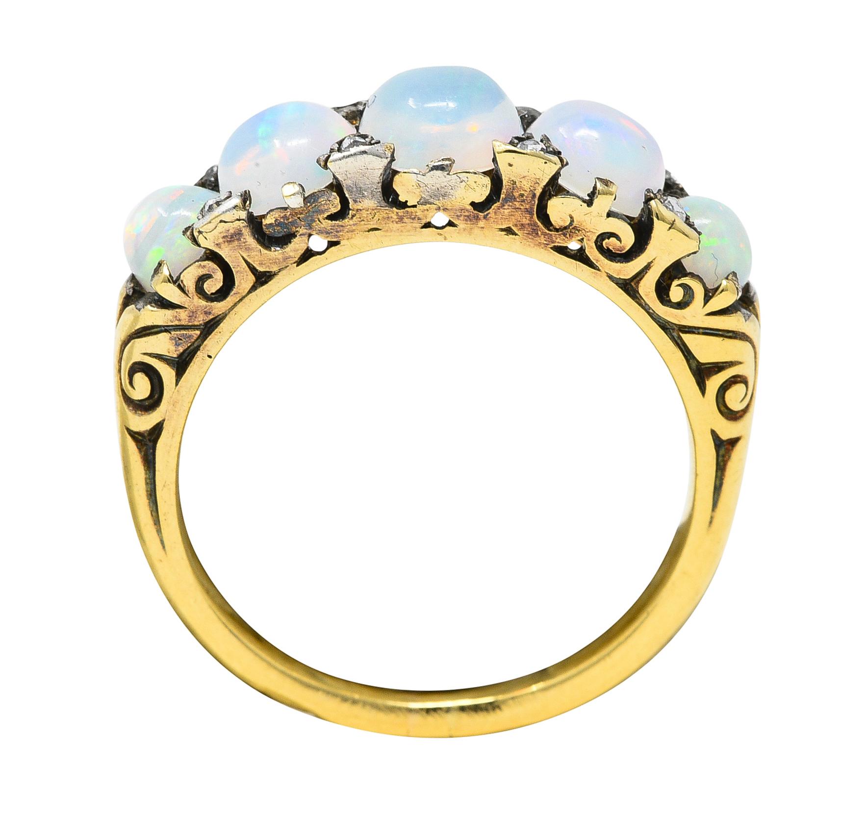 Victorian Jelly Opal Diamond 18 Karat Yellow Gold Five Stone Antique Ring 3