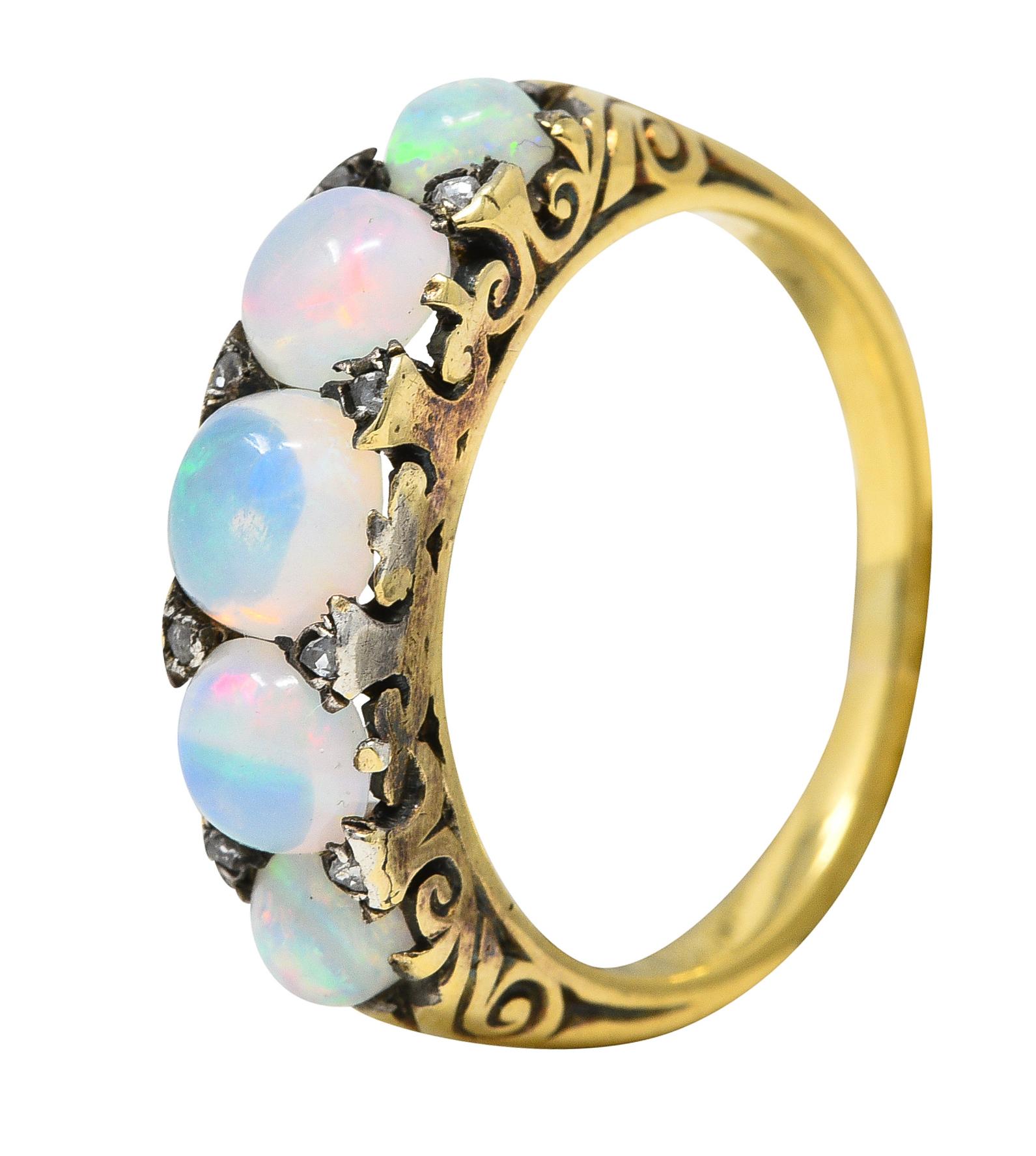 Victorian Jelly Opal Diamond 18 Karat Yellow Gold Five Stone Antique Ring 4