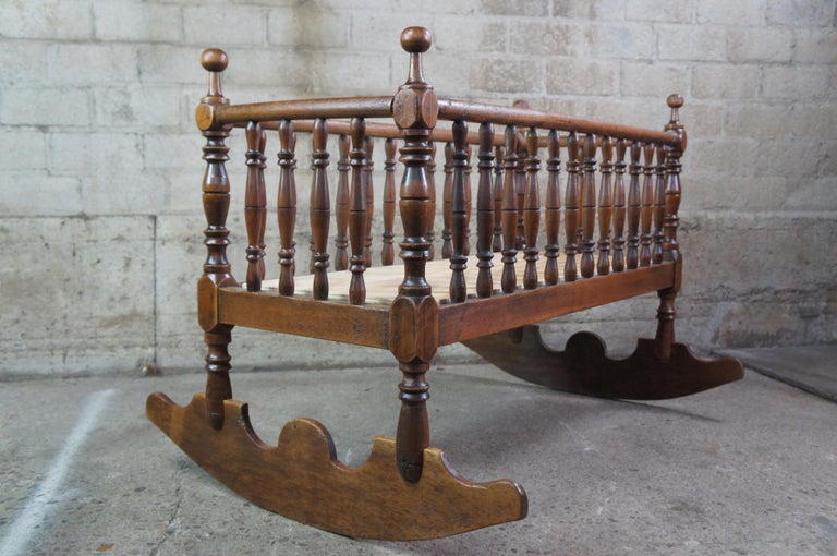 Victorian Jenny Lind Walnut Spool Turned Spindle Rocking Crib Cradle