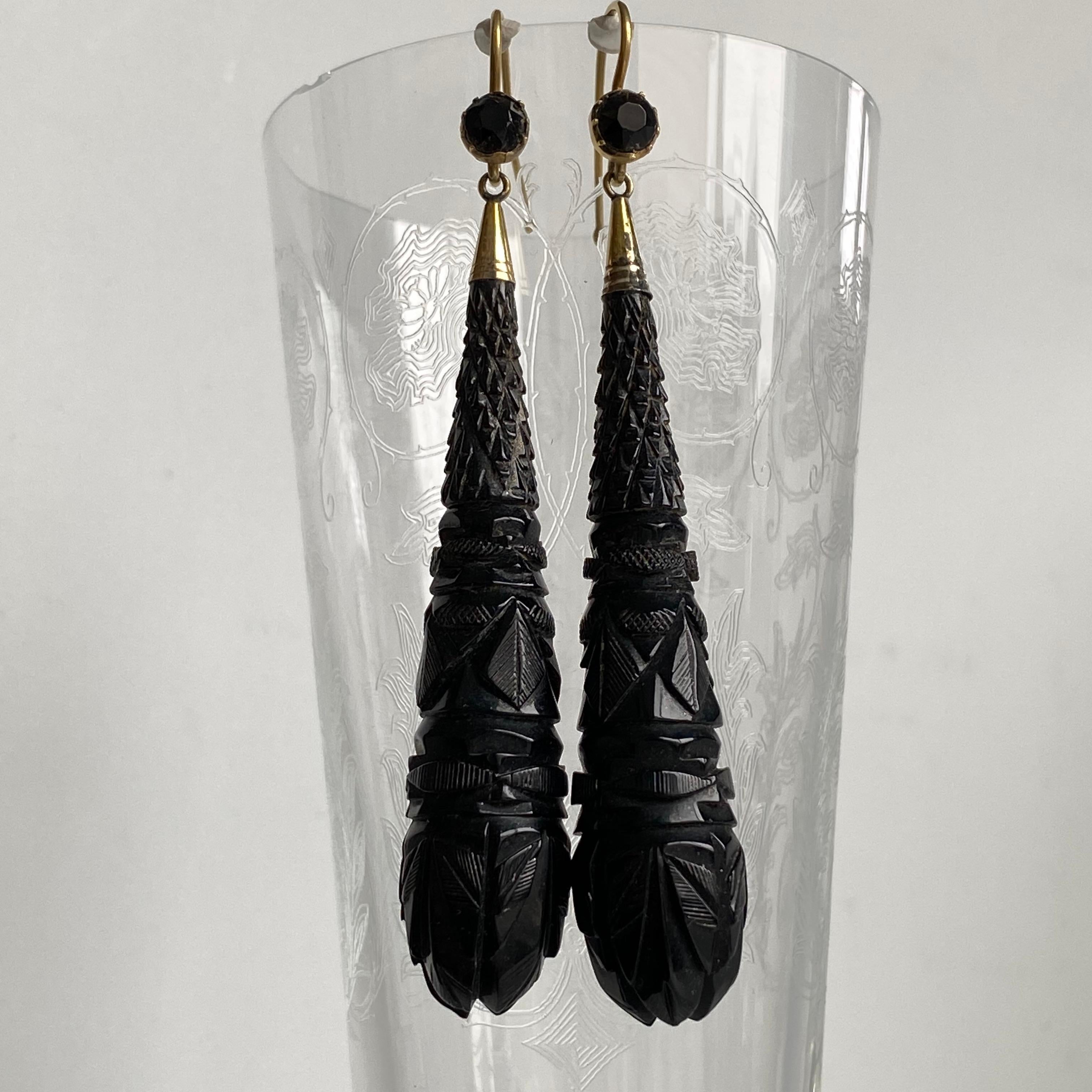 Victorian Jet Carved 14K Earrings 2