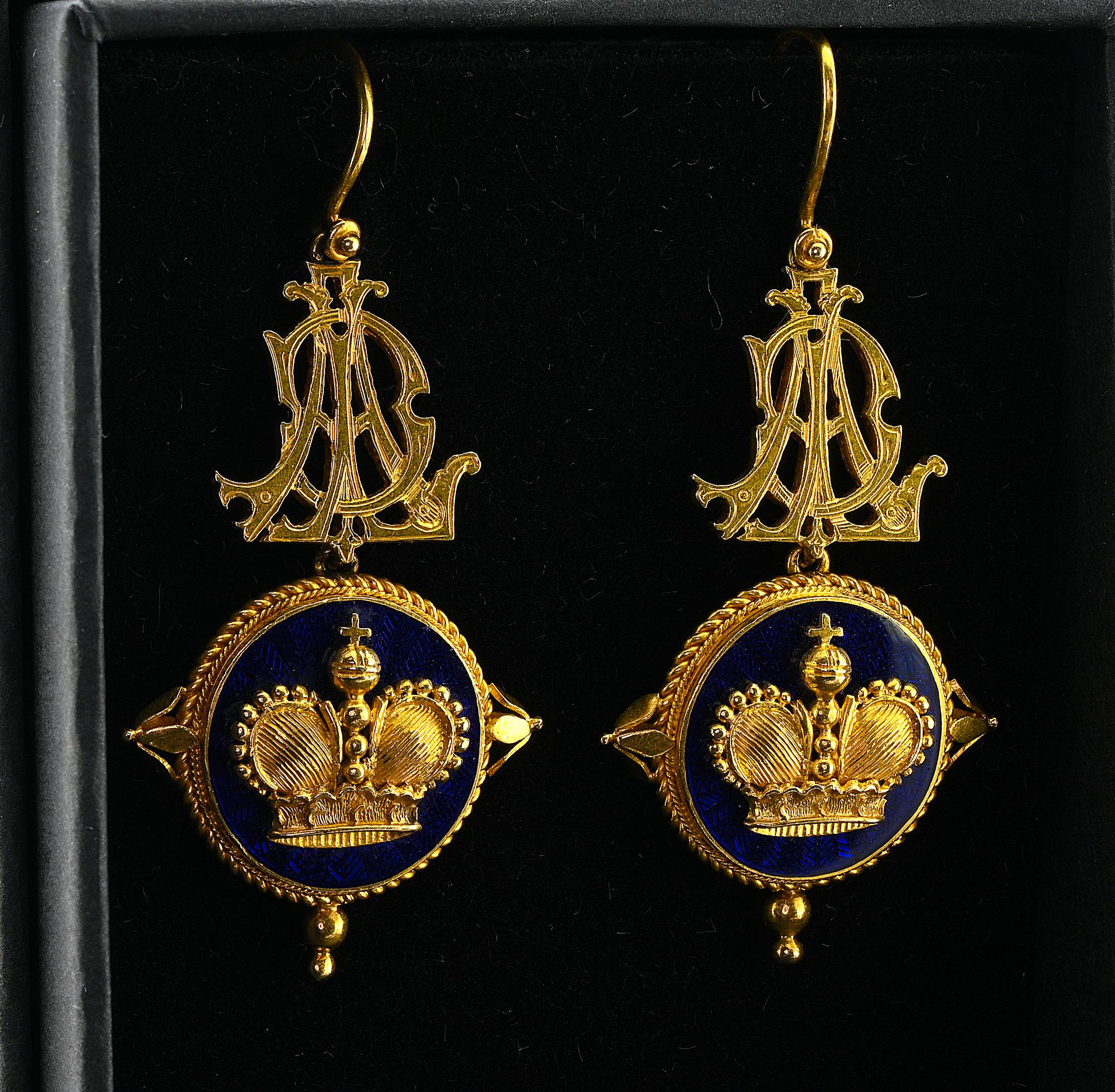 Regal Victorian era long drop earrings dating 1860 circa or earlier bearing JB punch standing for John Brogden
Brodgen (2 November 1819 – 16 October 1884) was a Victorian era manufacturing jeweler, exhibited in the 1851 Great Exhibition in London,