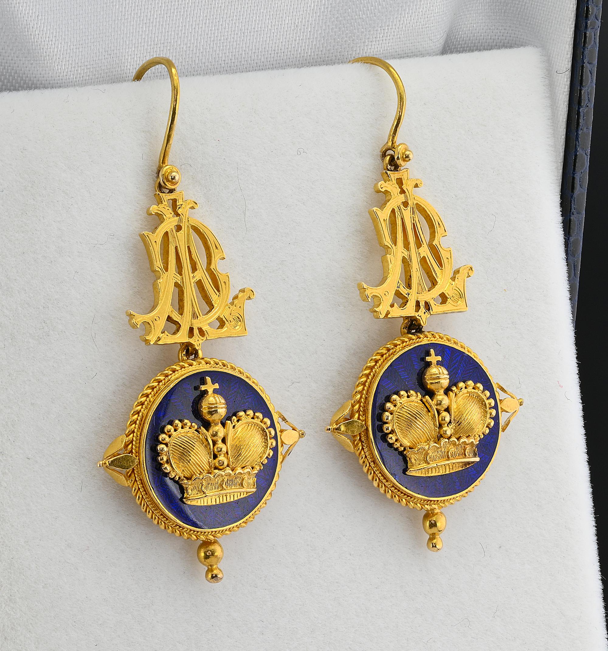 Victorian John Brogden  Crown Blue Enamel 18 KT Earrings In Good Condition For Sale In Napoli, IT